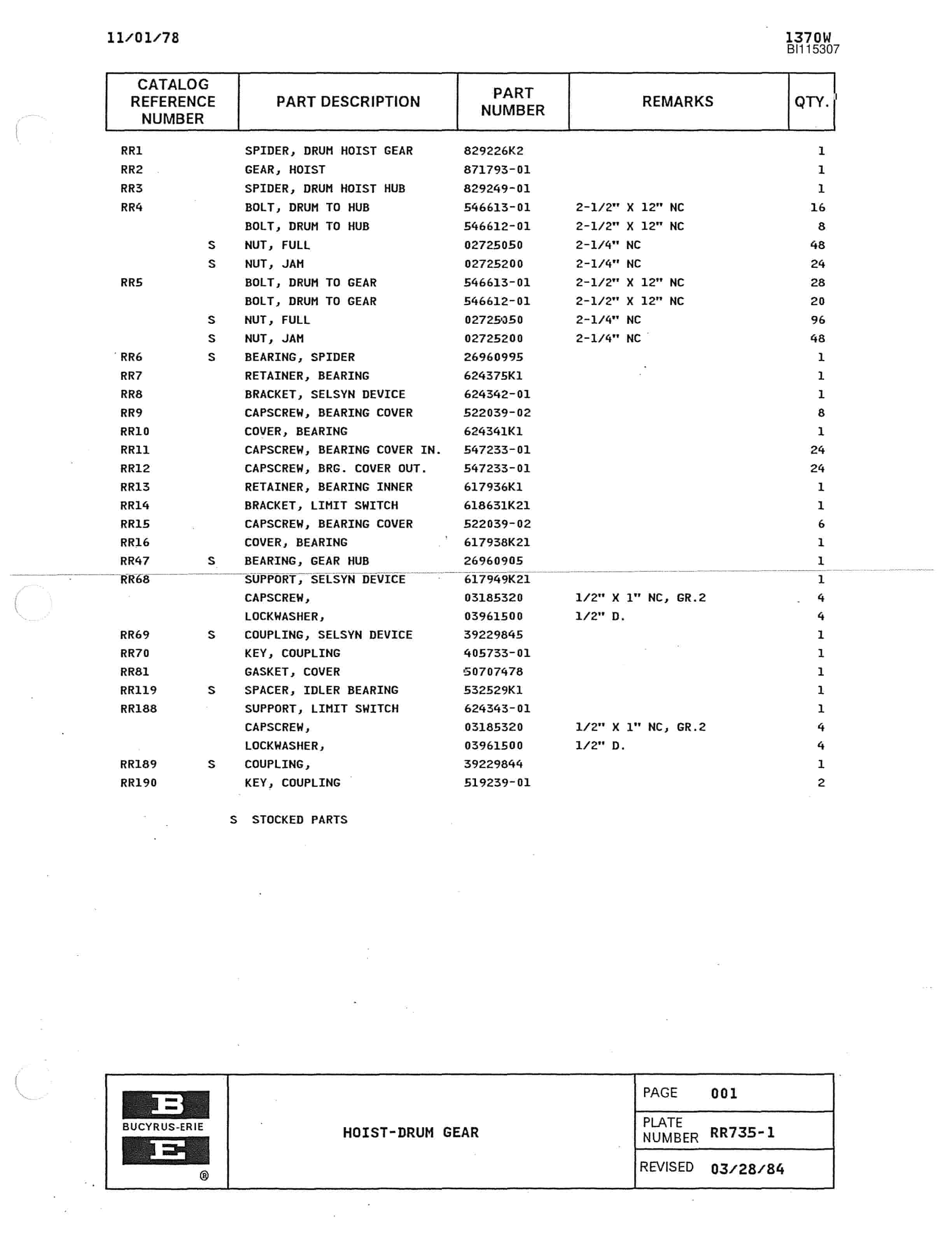 Bucyrus 1370W Walking Dragline Parts Catalog BI115307-3