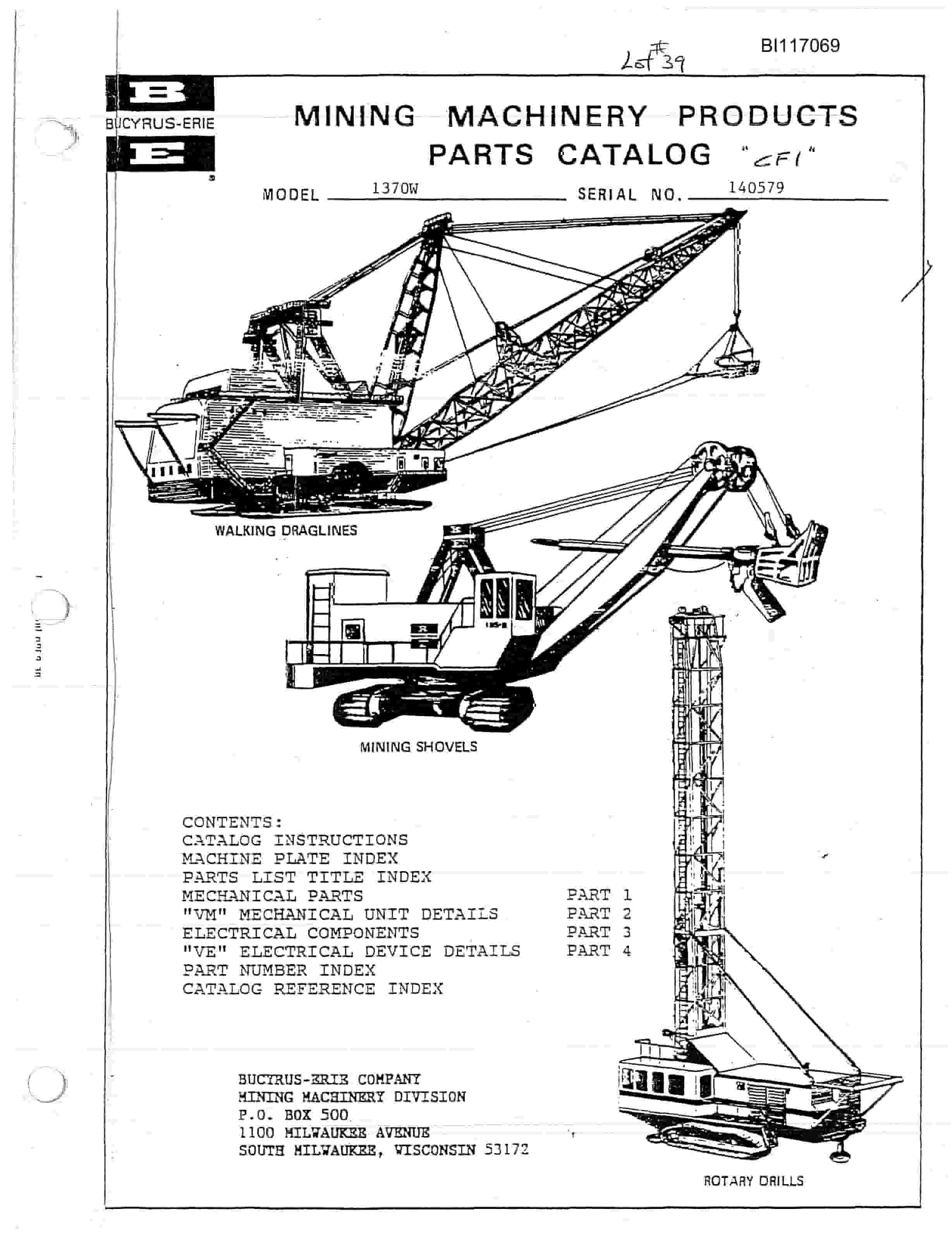 Bucyrus 1370W Walking Dragline Parts Catalog BI117069