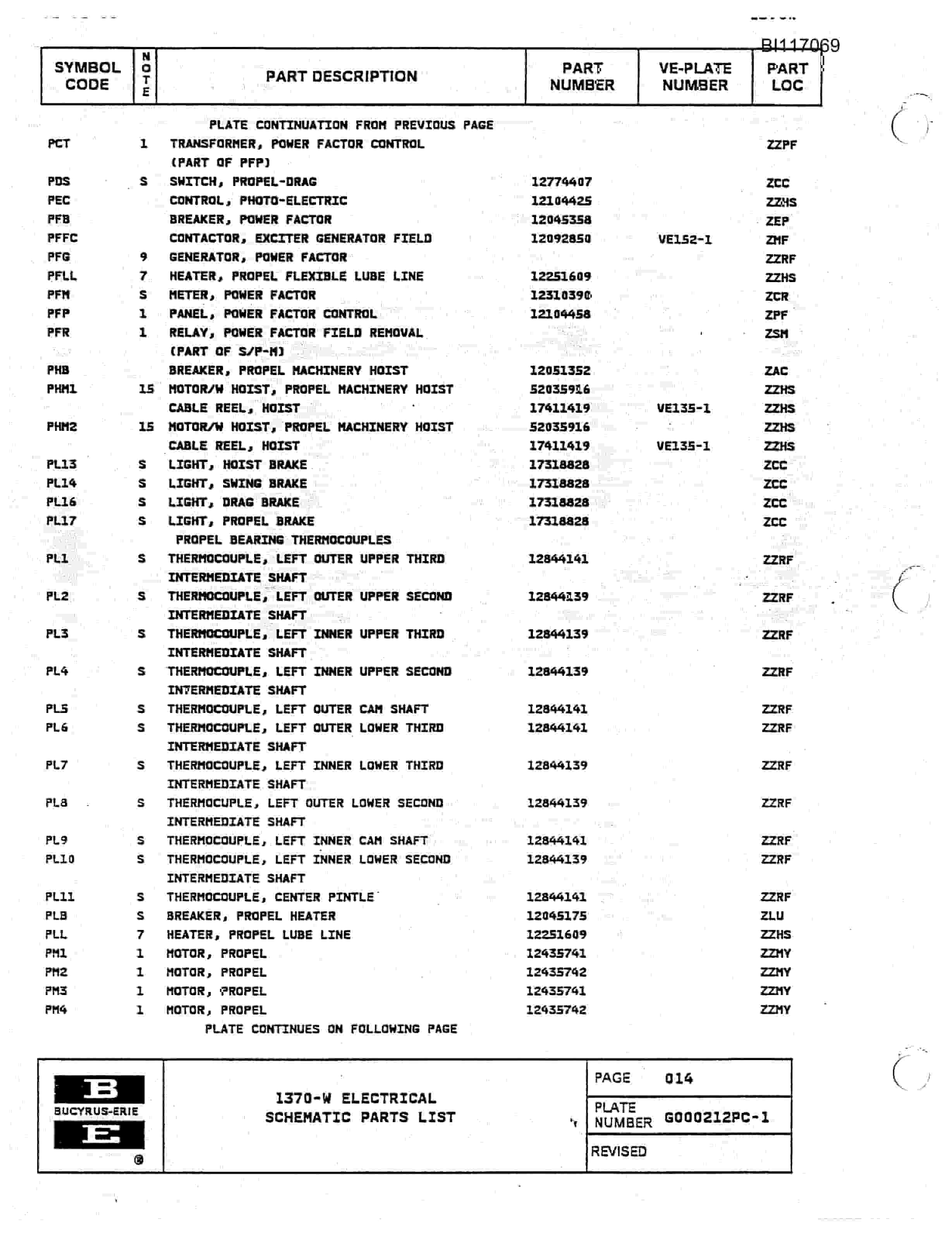 Bucyrus 1370W Walking Dragline Parts Catalog BI117069-2