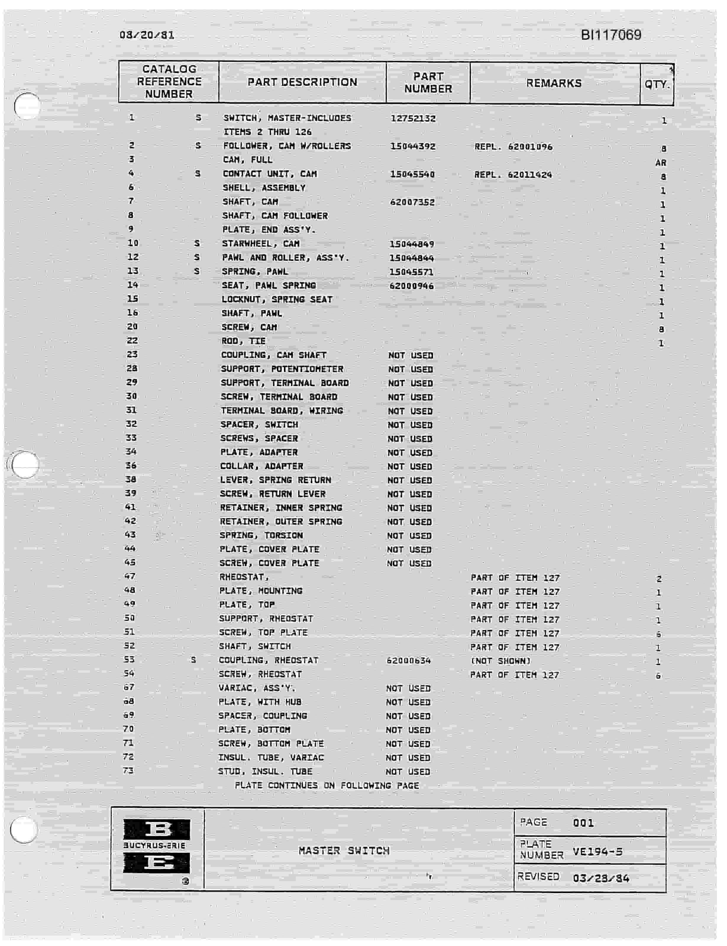 Bucyrus 1370W Walking Dragline Parts Catalog BI117069-4