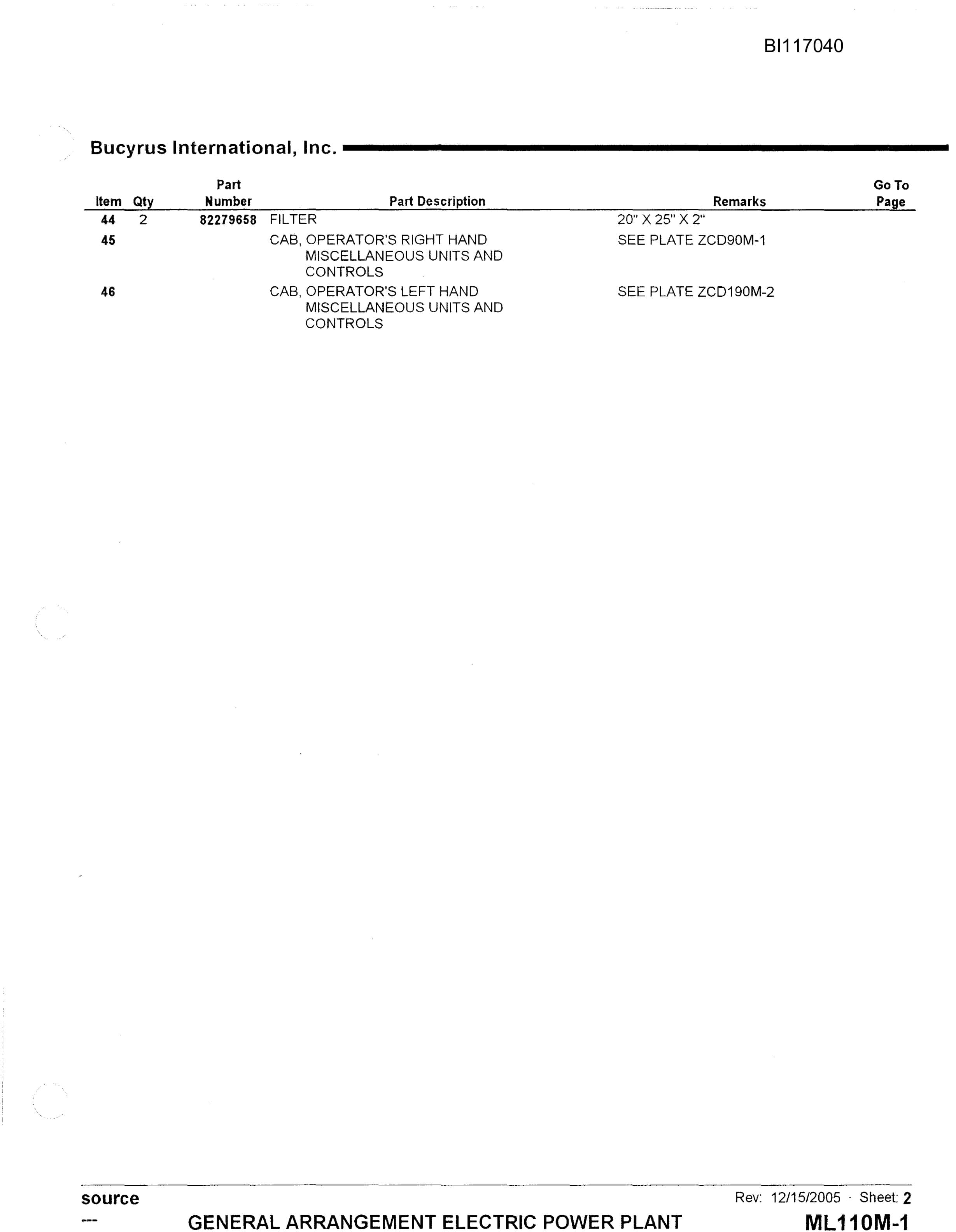 Bucyrus 1370W Walking Dragline Parts Manual BI117040-2
