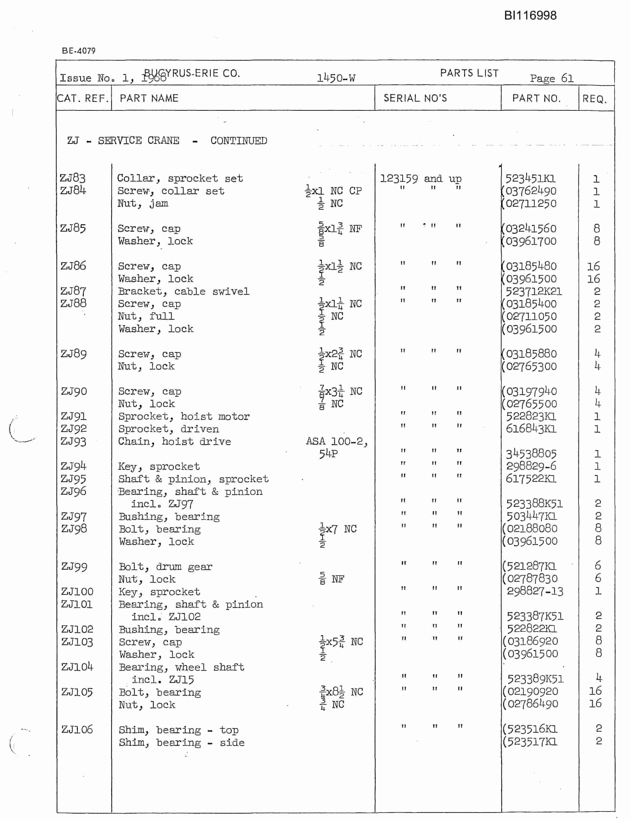 Bucyrus 1450-W Parts Catalog BI116998-2