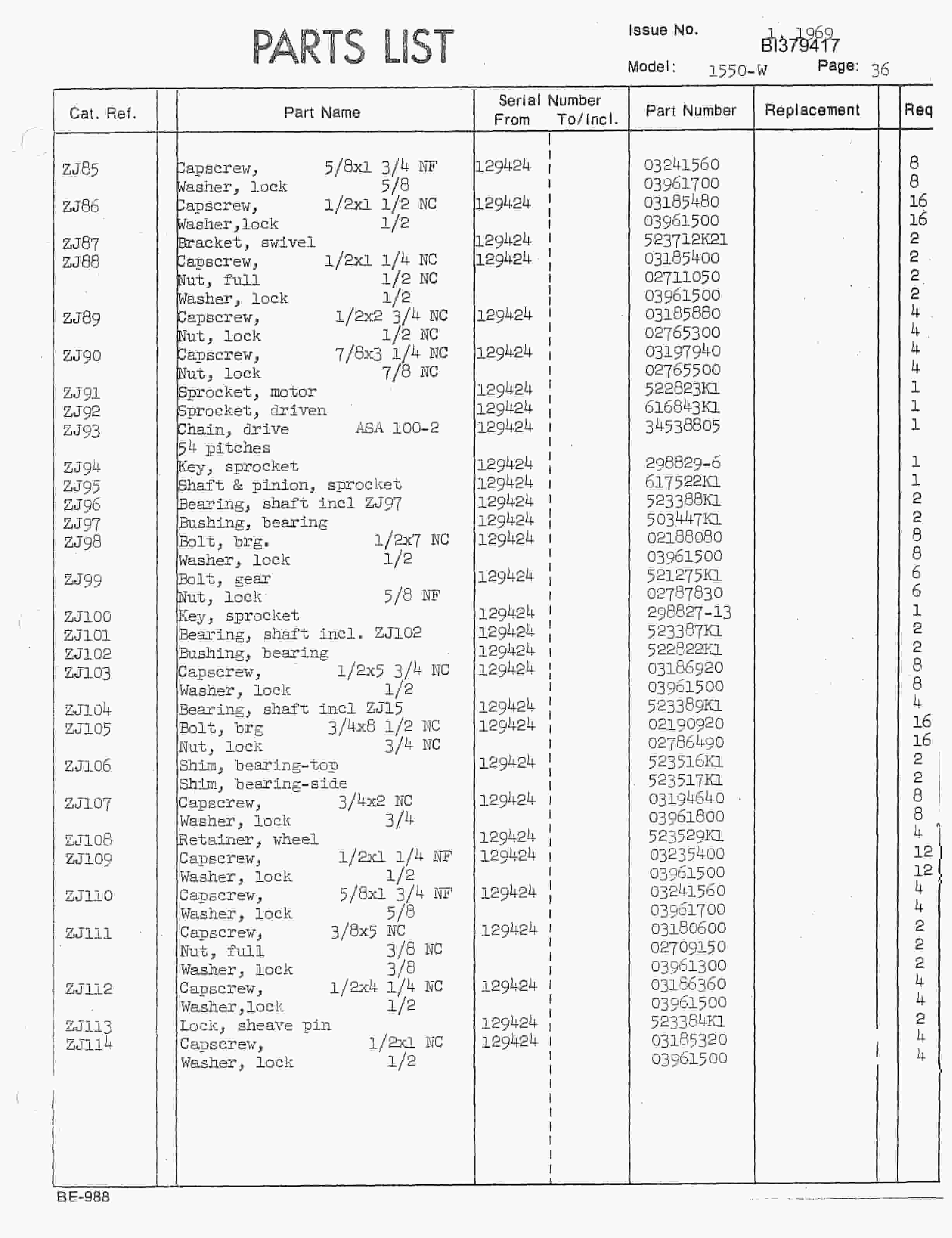 Bucyrus 1550-W Dragline Parts Catalog BI379417-5