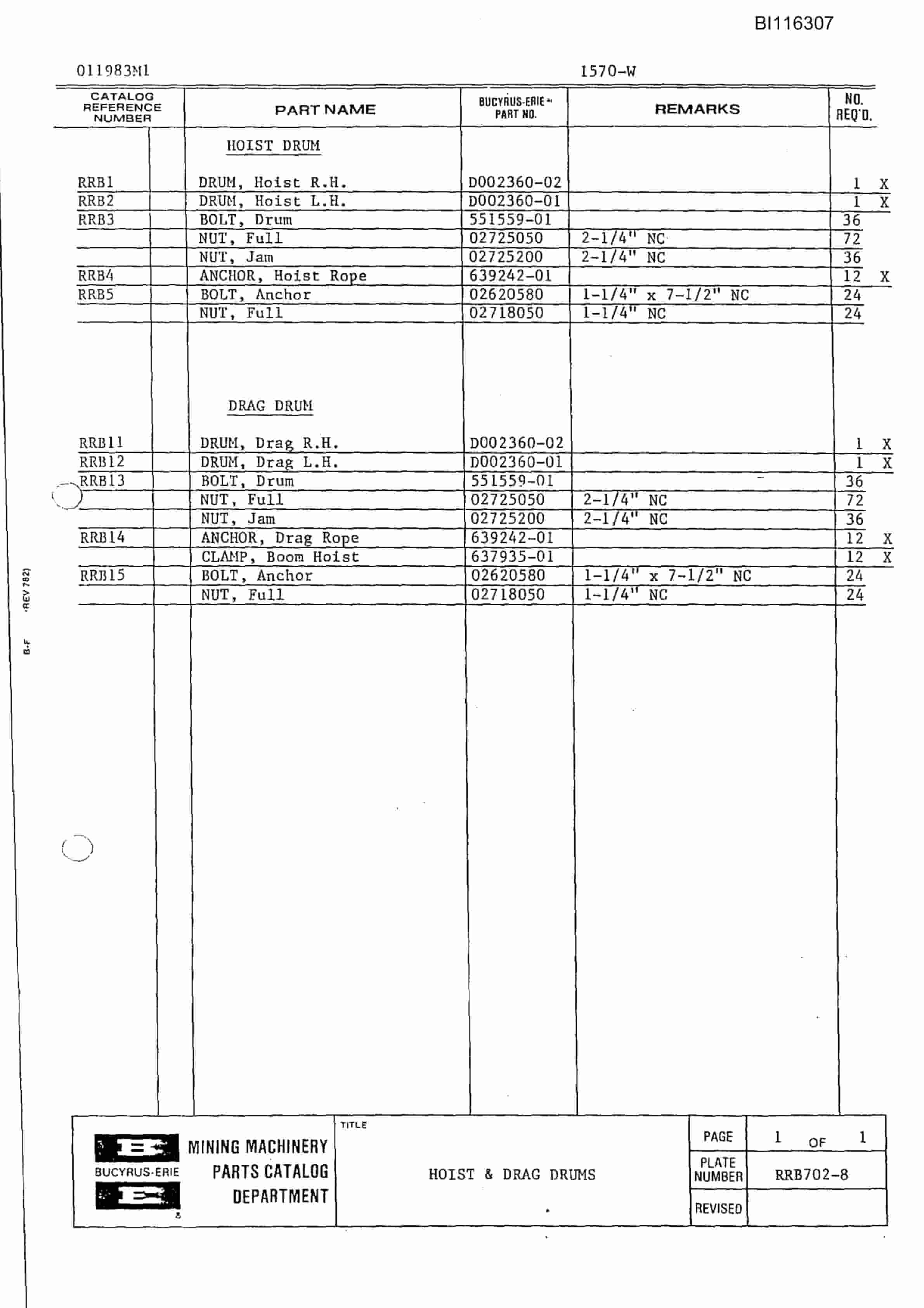 Bucyrus 1570-W Mining Parts Catalog BI116307-3