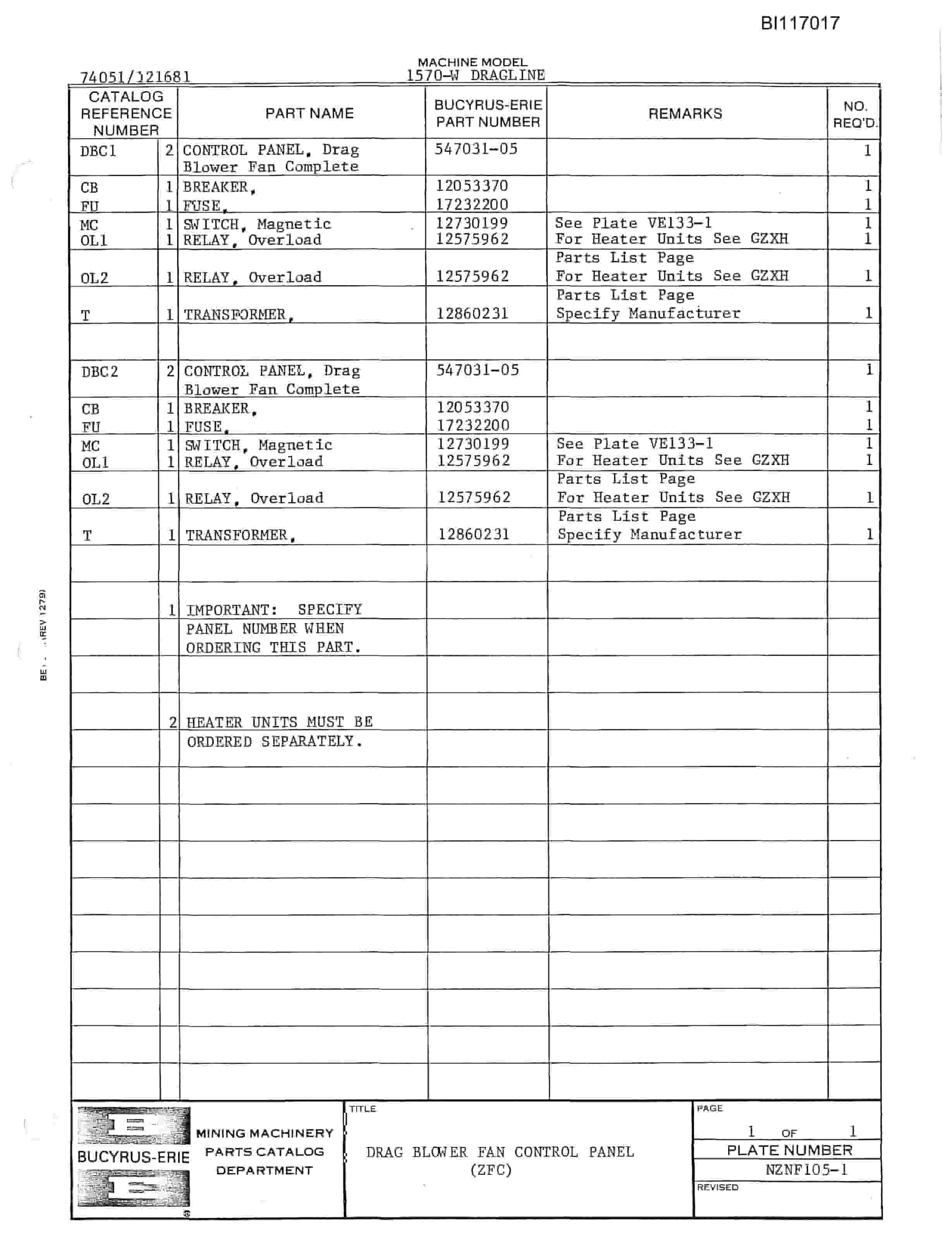 Bucyrus 1570-W Walking Dragline Parts Catalog BI117017-4