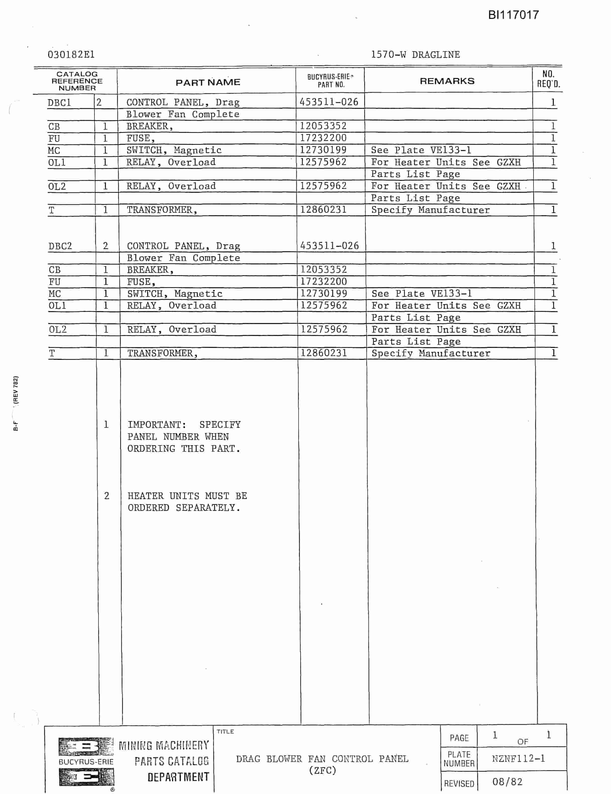Bucyrus 1570-W Walking Dragline Parts Catalog BI117017-5