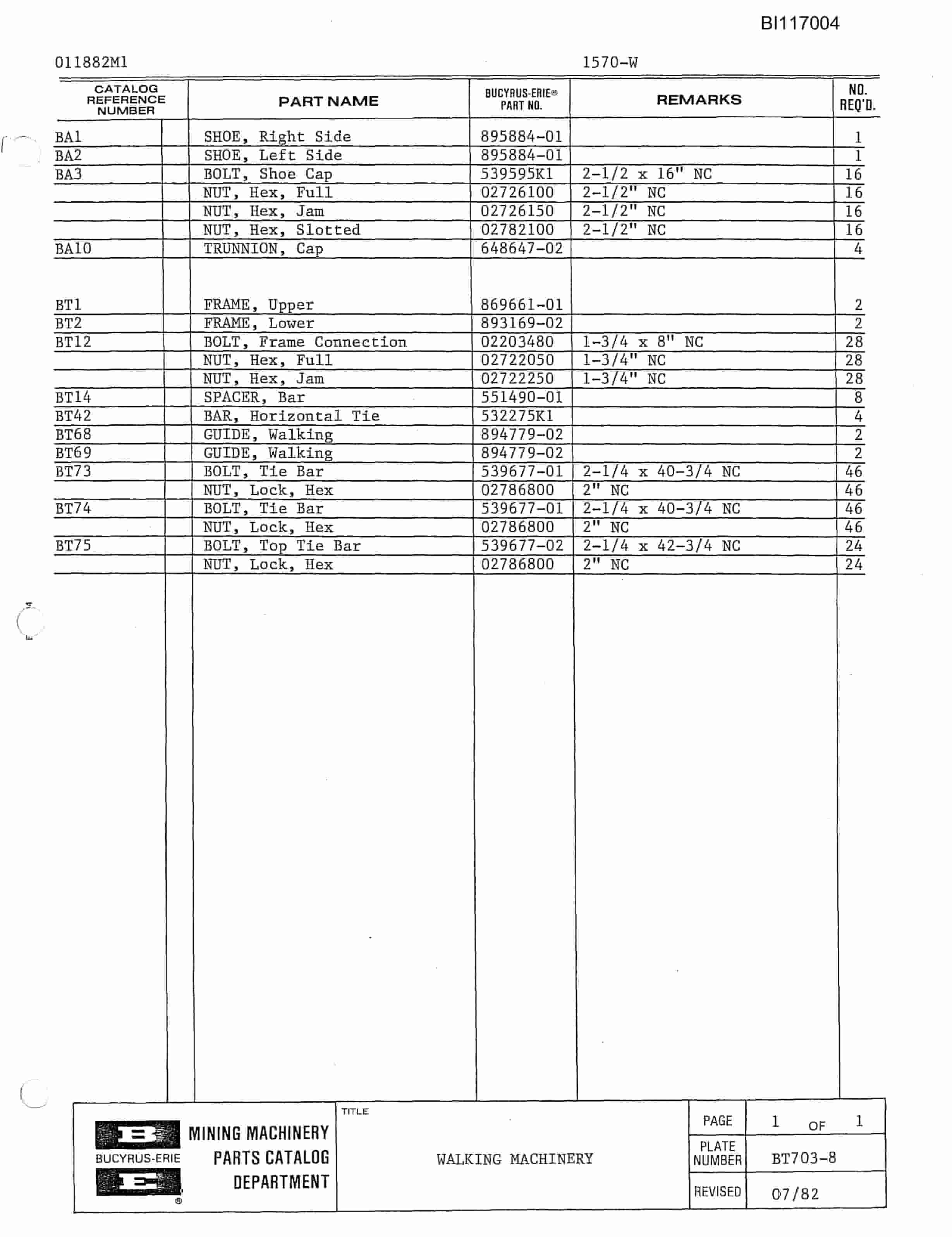 Bucyrus 1570W Dragline Parts Catalog BI117004-2