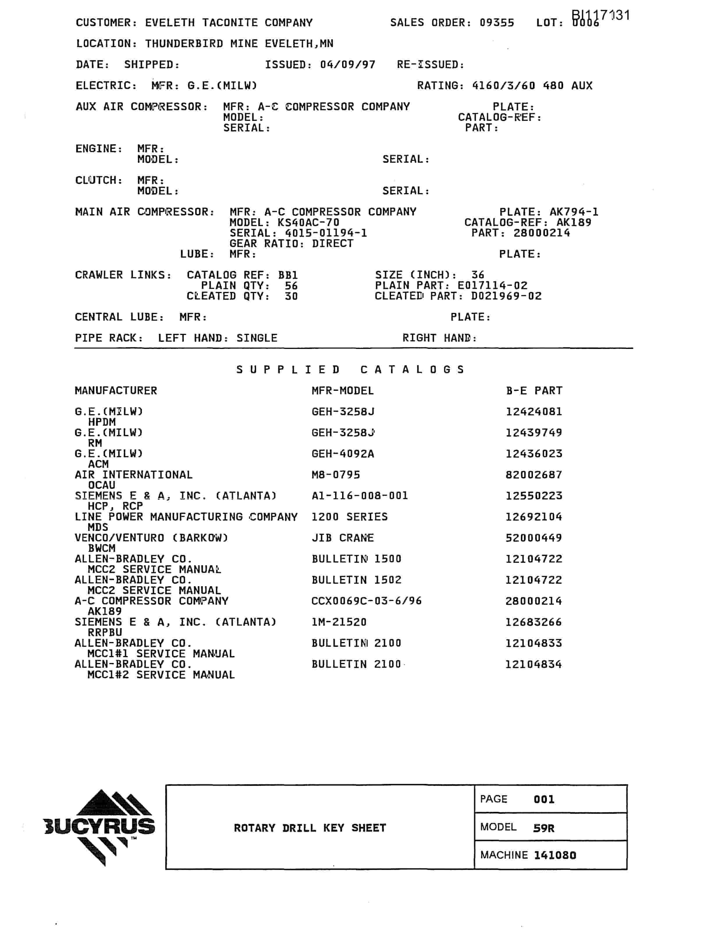 Bucyrus 1570W Dragline Parts Catalog BI117131-3