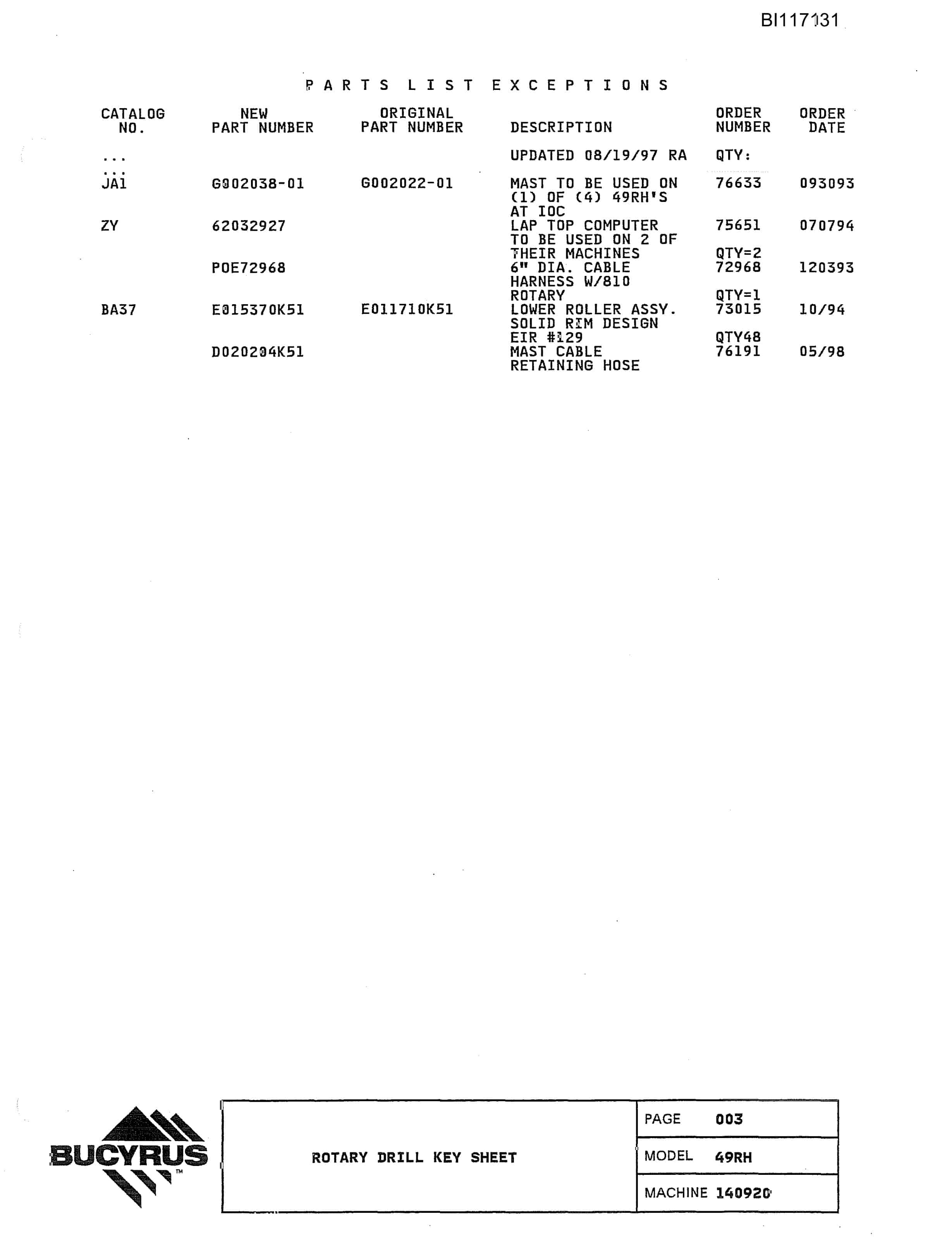 Bucyrus 1570W Dragline Parts Catalog BI117131-5