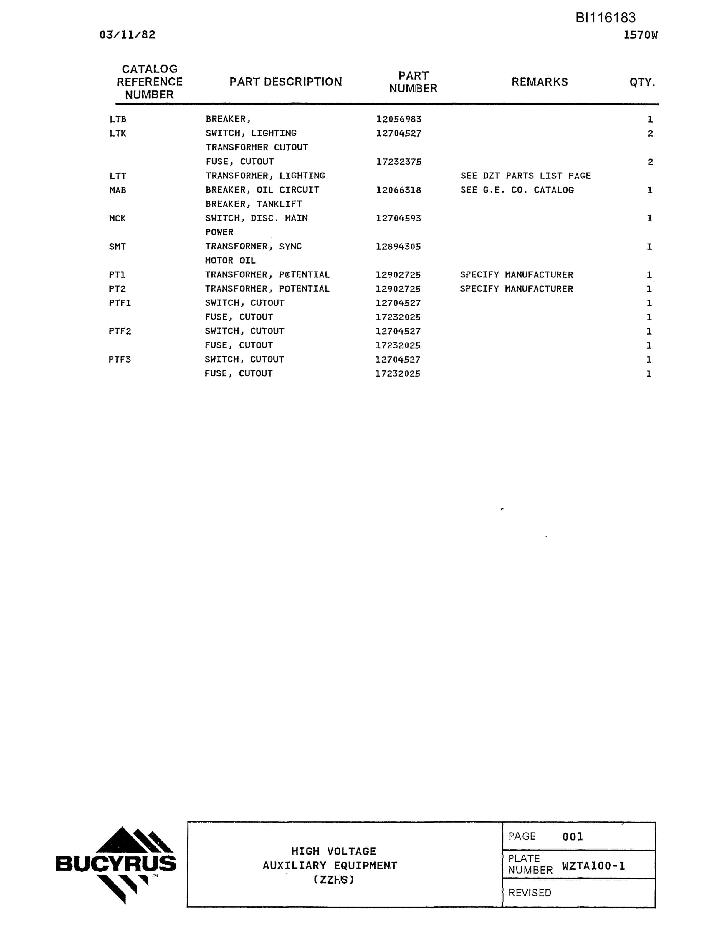 Bucyrus 1570W Parts Manual BI116183-3