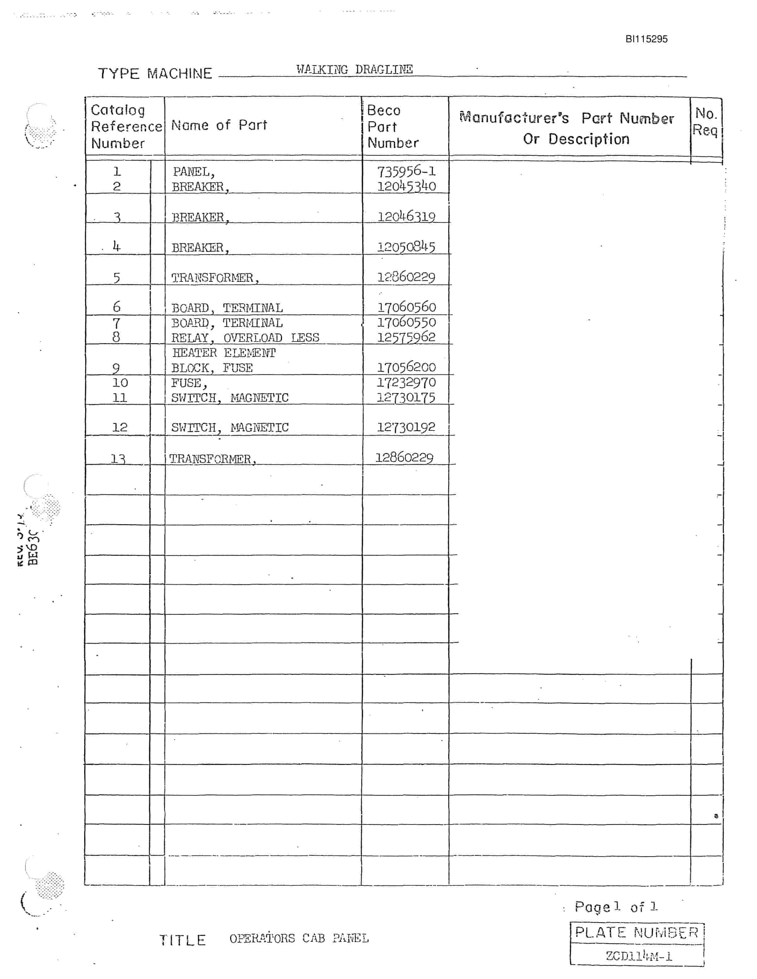 Bucyrus 1570W Walking Dragline Parts Catalog BI115295-3