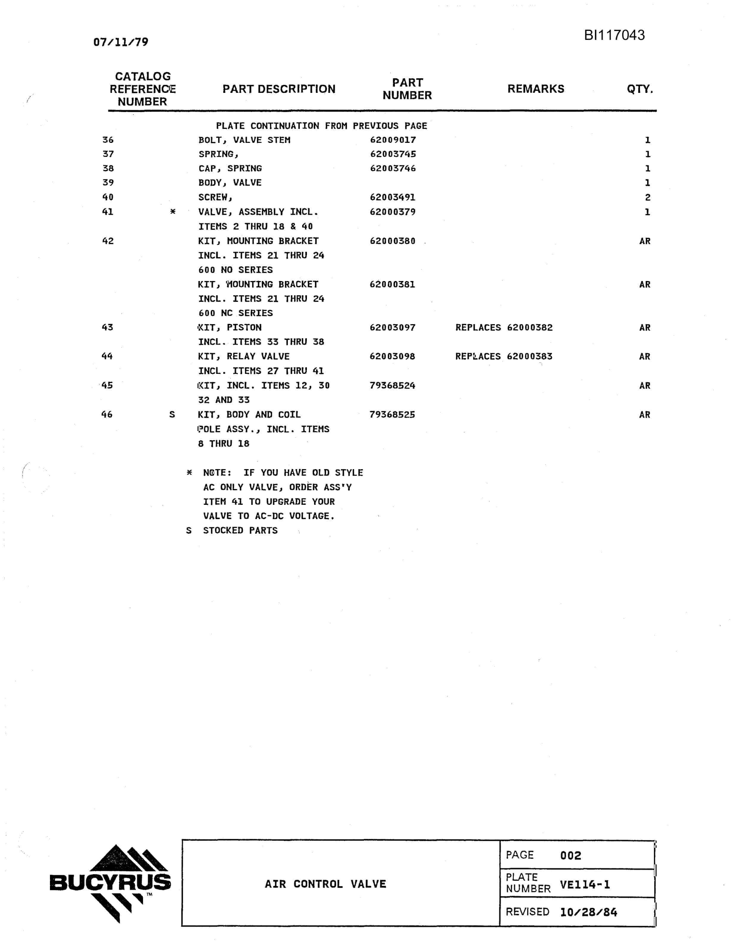Bucyrus 1570W Walking Dragline Parts Manual BI117043-4