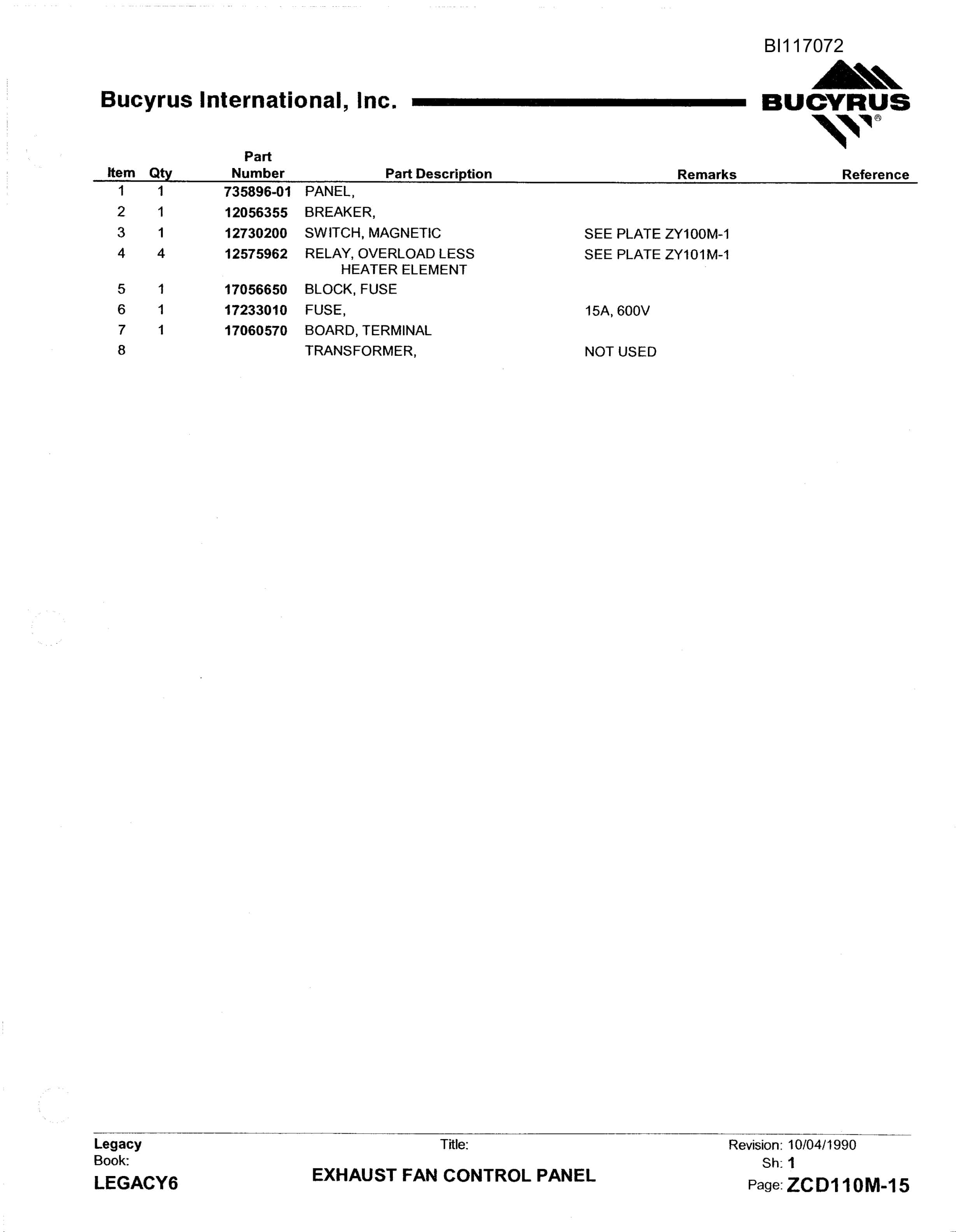 Bucyrus 1570W Walking Dragline Parts Manual BI117072-3