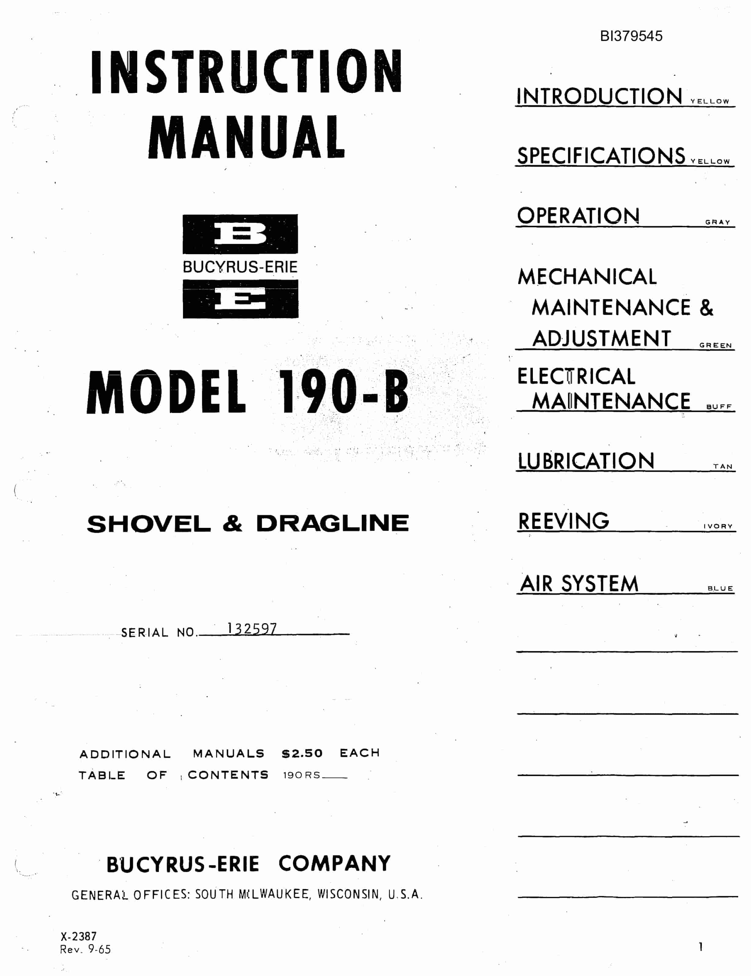 Bucyrus 190-B Shovel And Dragline Instruction Manual BI379545