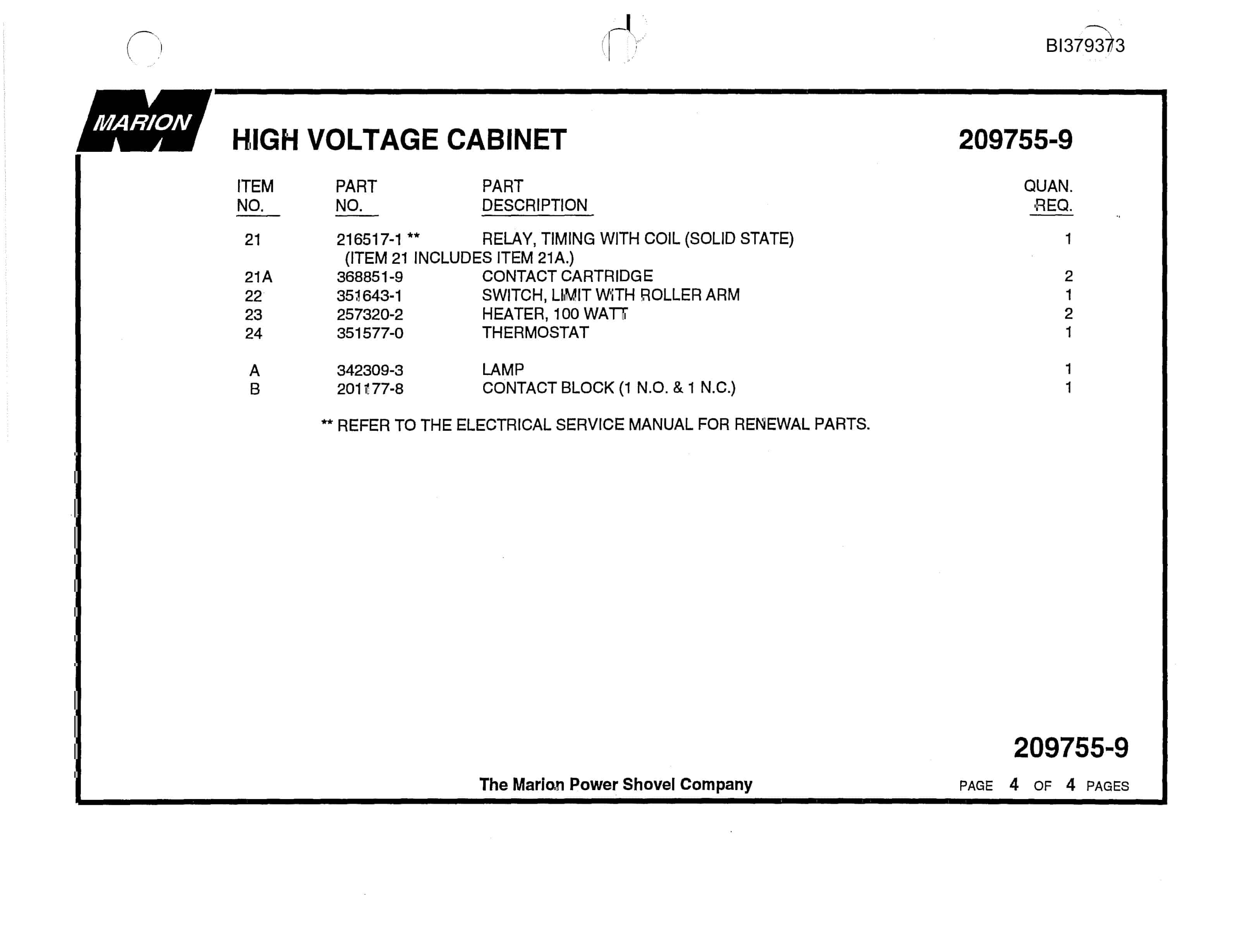 Bucyrus 195-M Dragline Parts Book BI379373-3