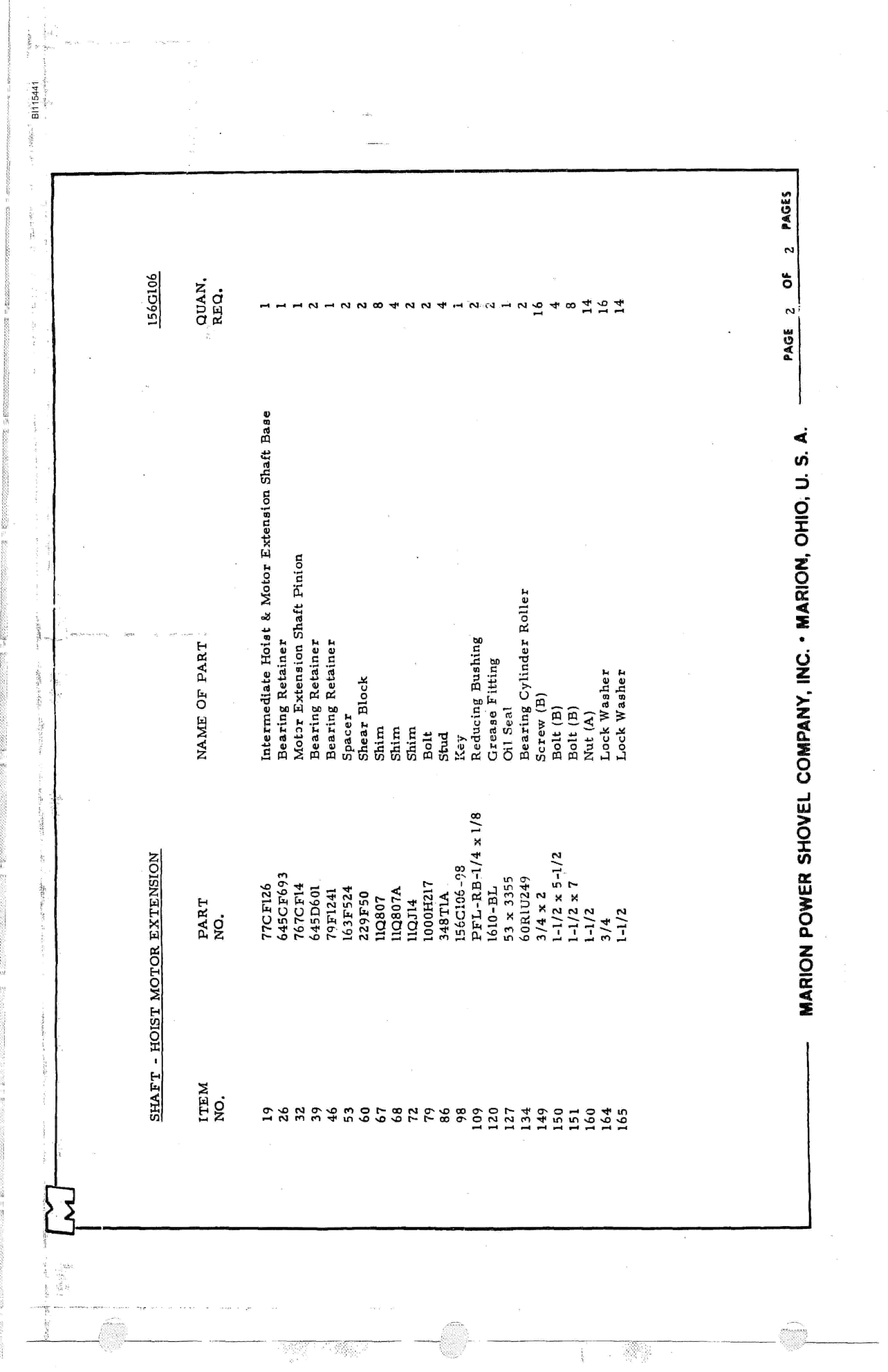 Bucyrus 195 M Parts Catalog BI115441-4