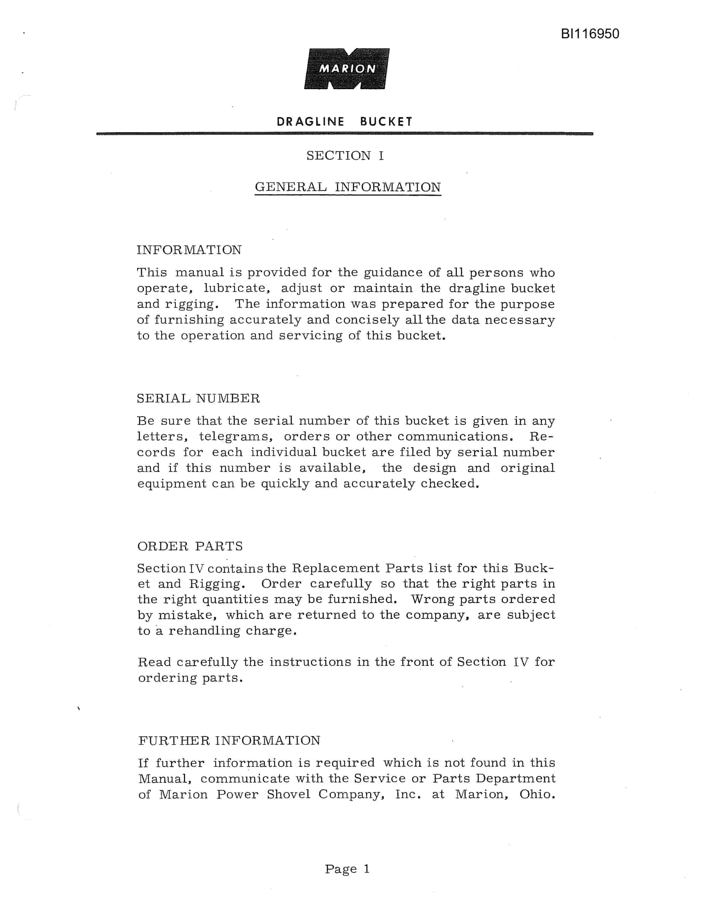 Bucyrus 195M Parts Catalog BI116950-4