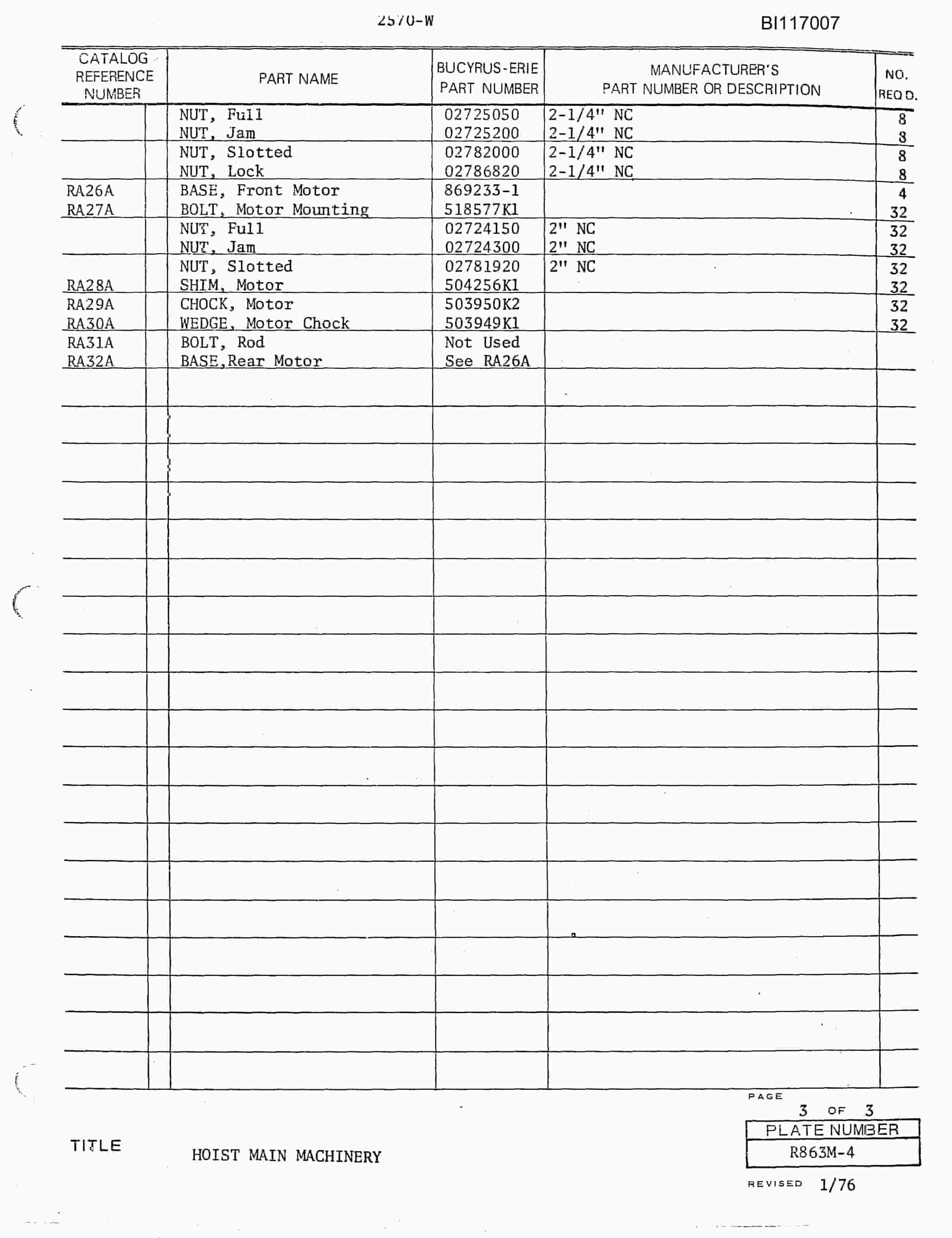 Bucyrus 2550-W, 2650-W, 2750-W Parts Catalog BI117007-2