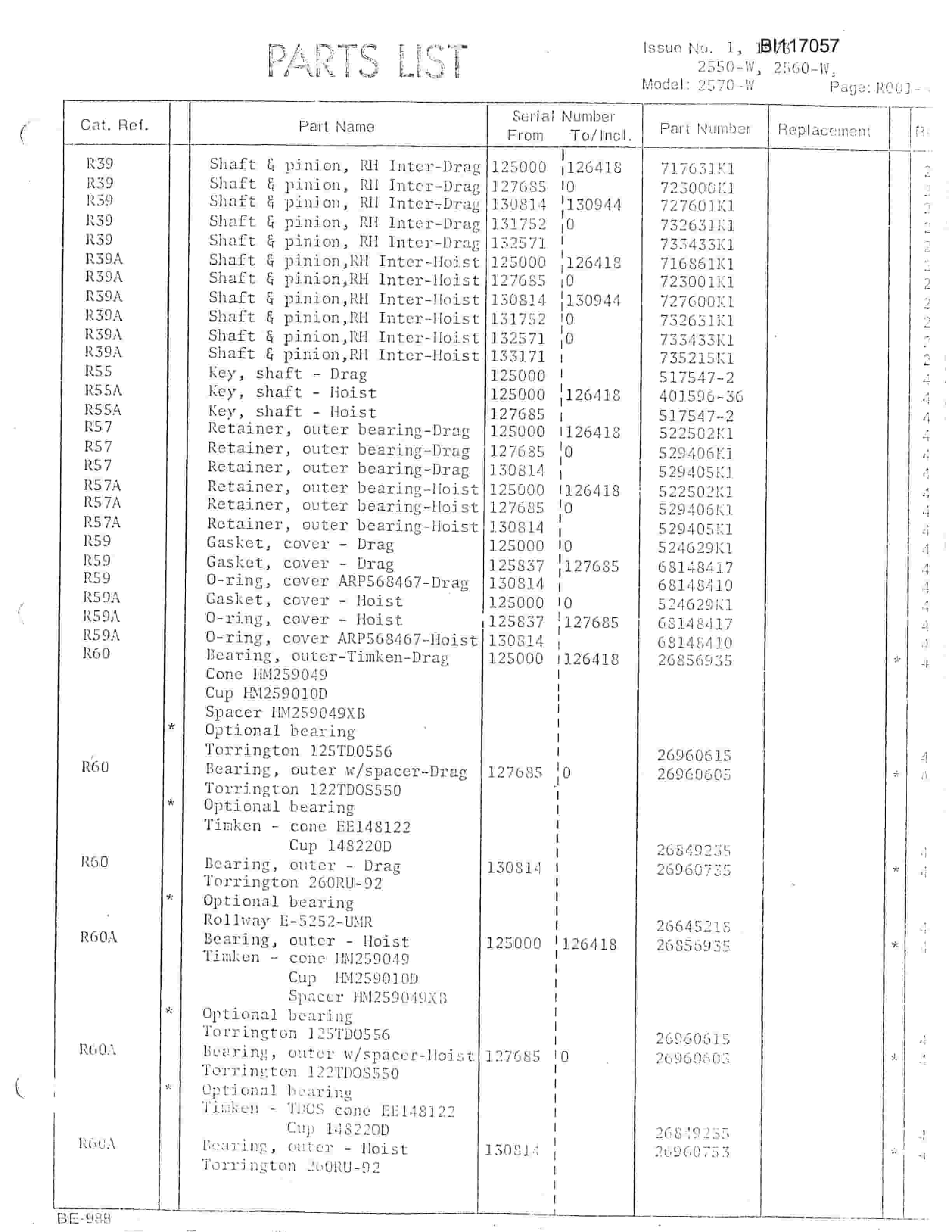 Bucyrus 2550W Walking Dragline Parts Manual BI117057-2