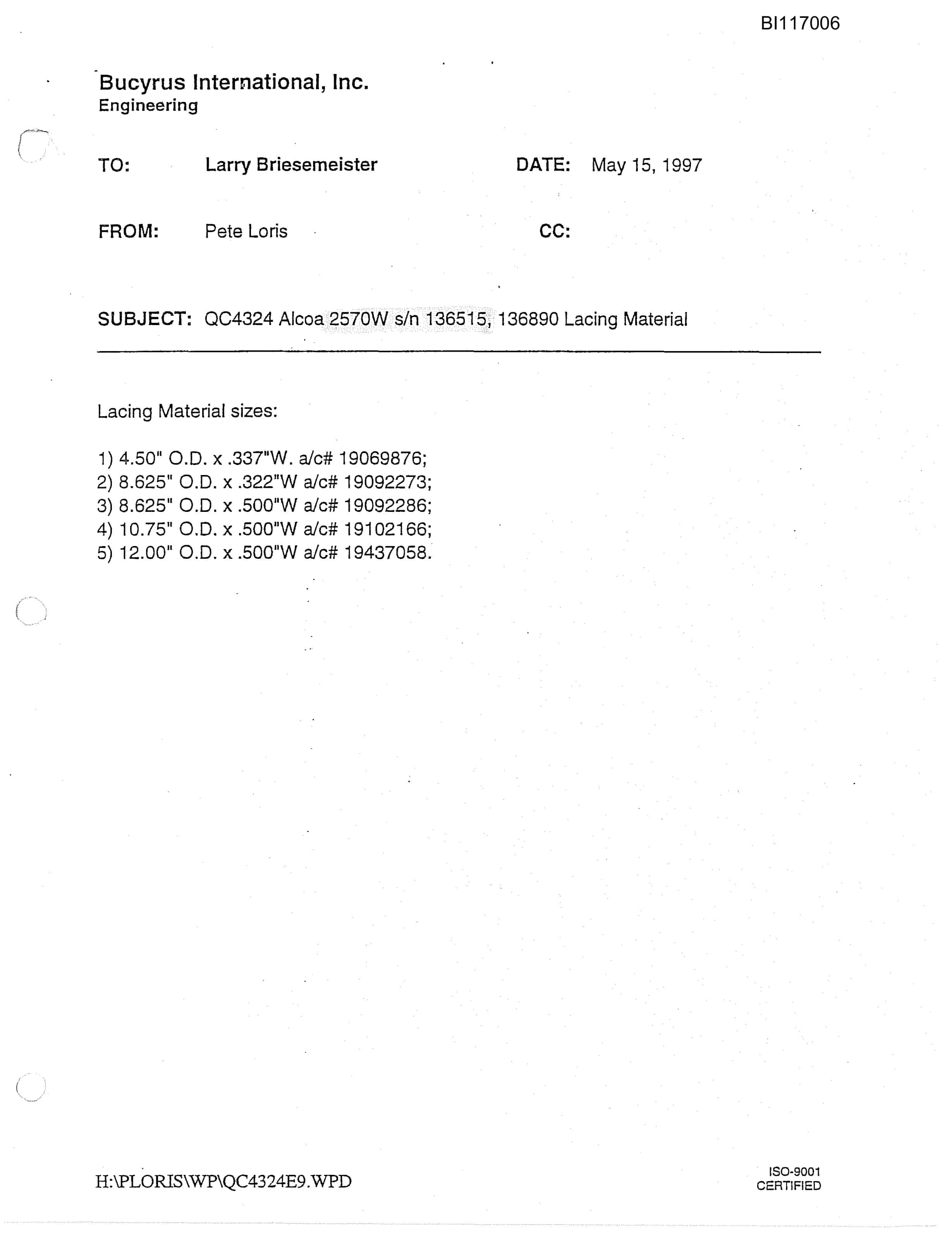 Bucyrus 2570S Dragline Parts Catalog BI117006-3