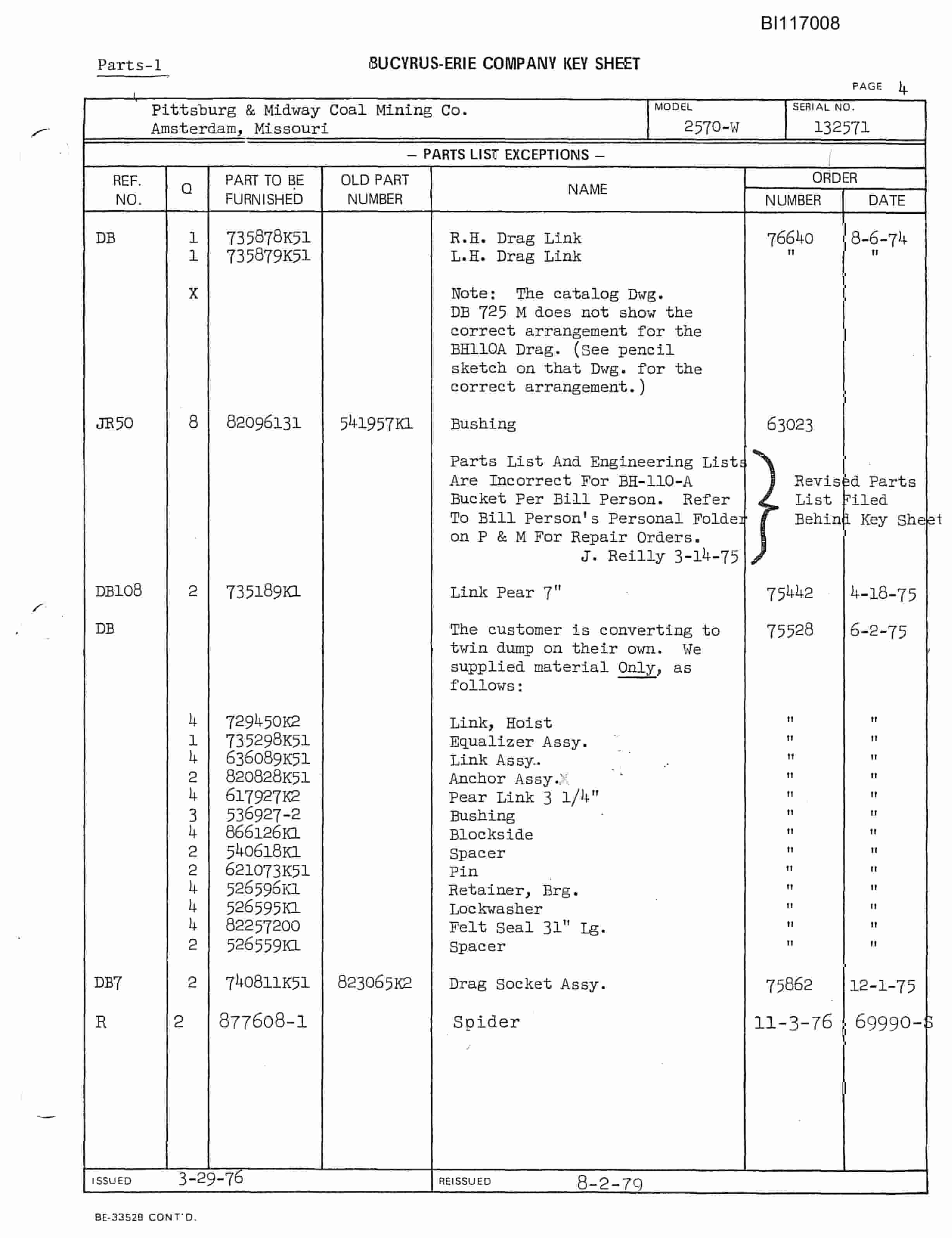 Bucyrus 2570W Dragline Parts Catalog BI117008-2