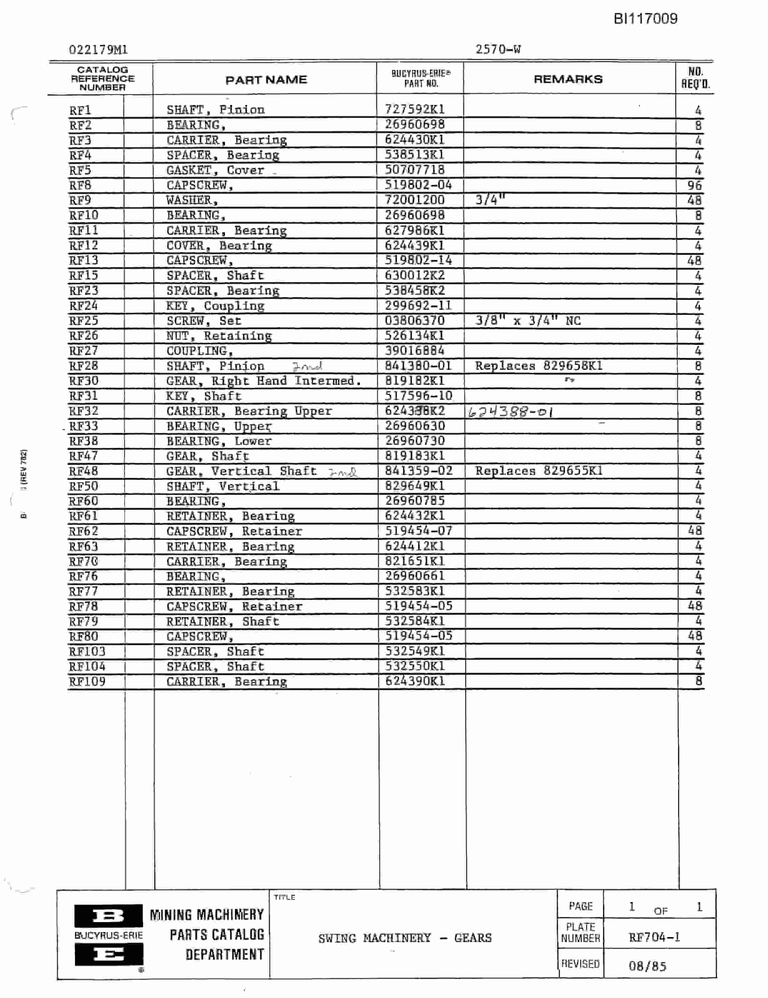 Bucyrus 2570W Dragline Parts Catalog BI117009-2