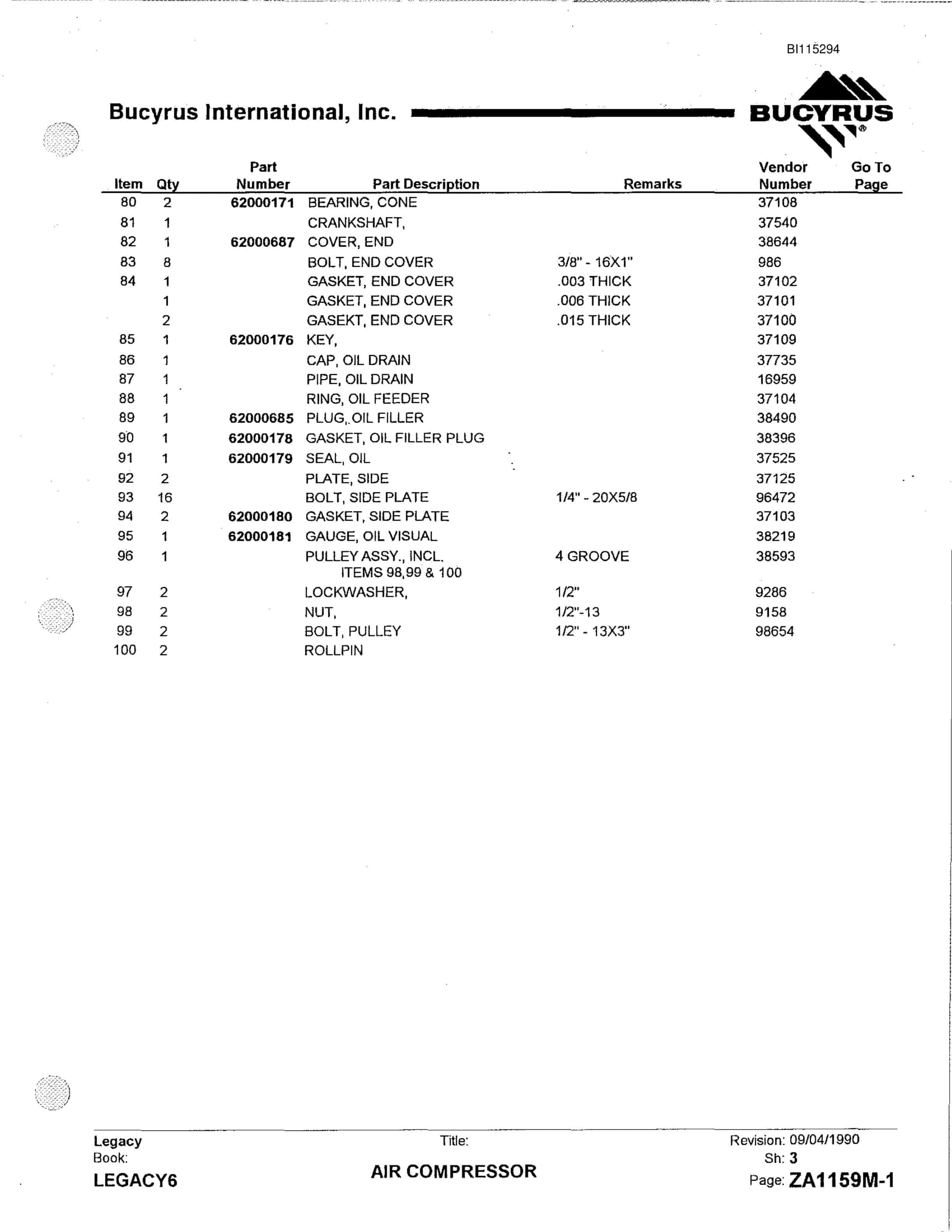 Bucyrus 2570W Walking Dragline Parts Catalog BI115294-2