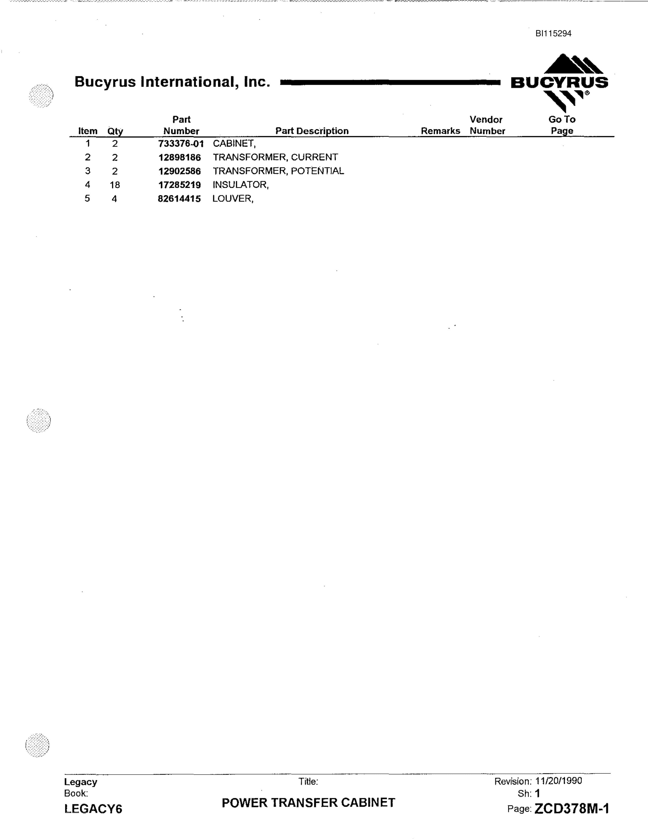 Bucyrus 2570W Walking Dragline Parts Catalog BI115294-5
