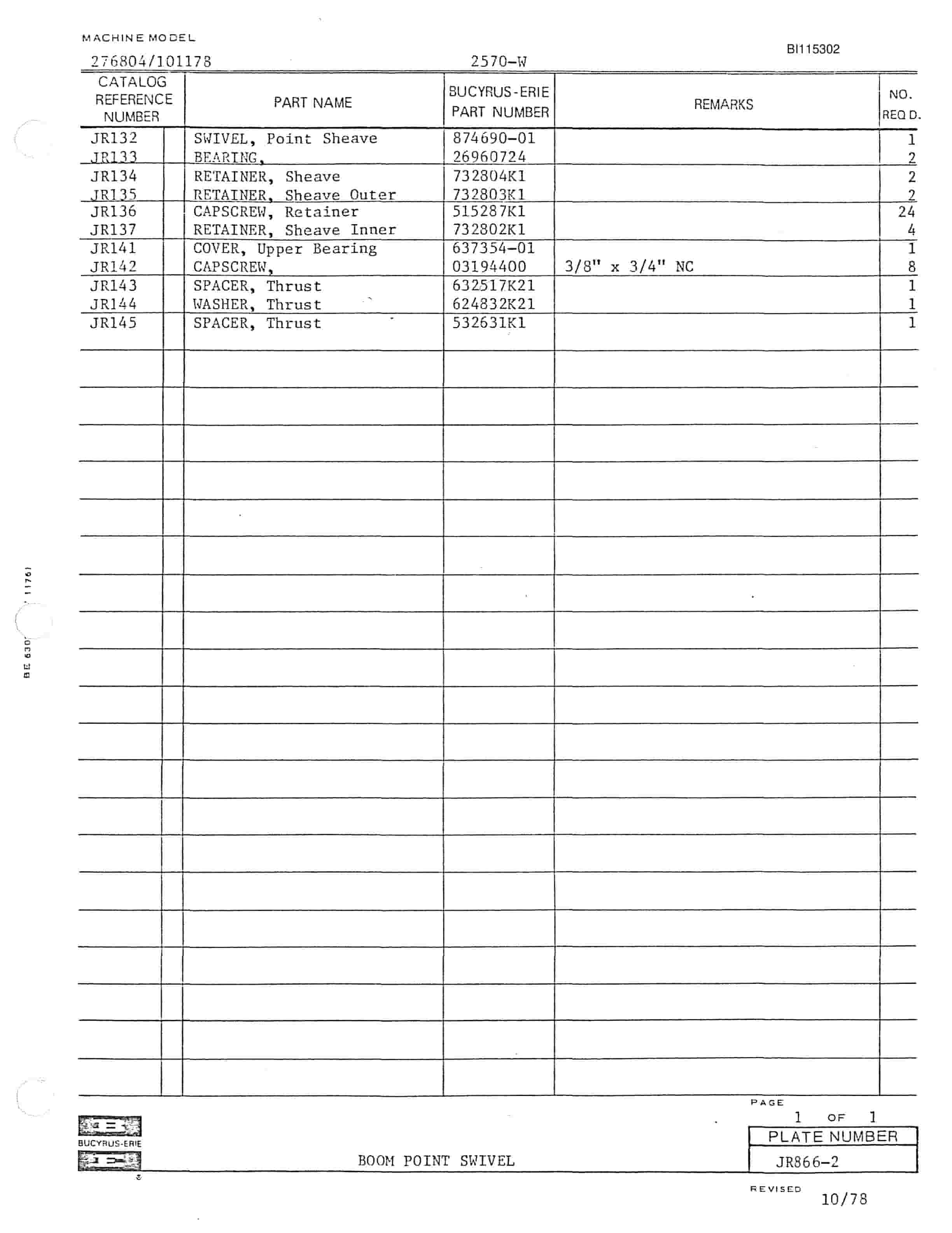 Bucyrus 2570W Walking Dragline Parts Catalog BI115302-2