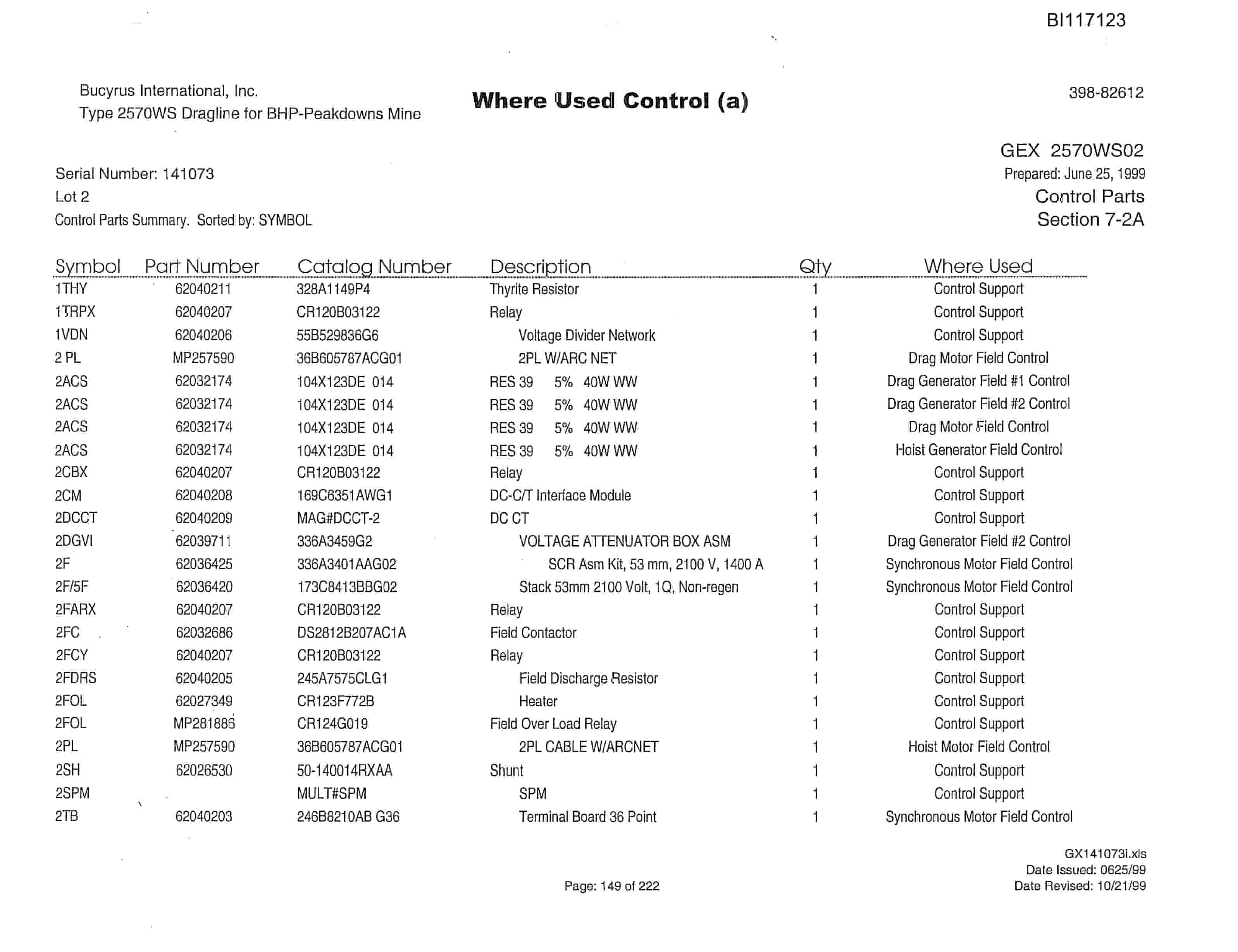 Bucyrus 2570WS Walking Dragline Parts Catalog BI117123-3
