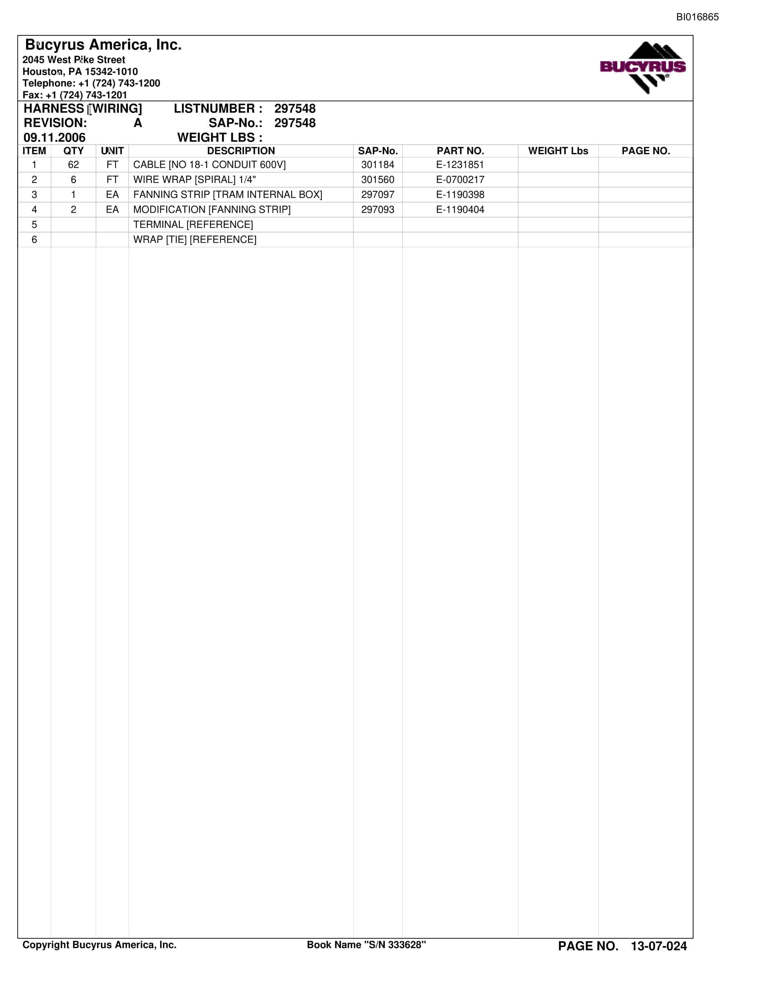Bucyrus 25M0 Continuous Miner Spare Parts List BI016865-5