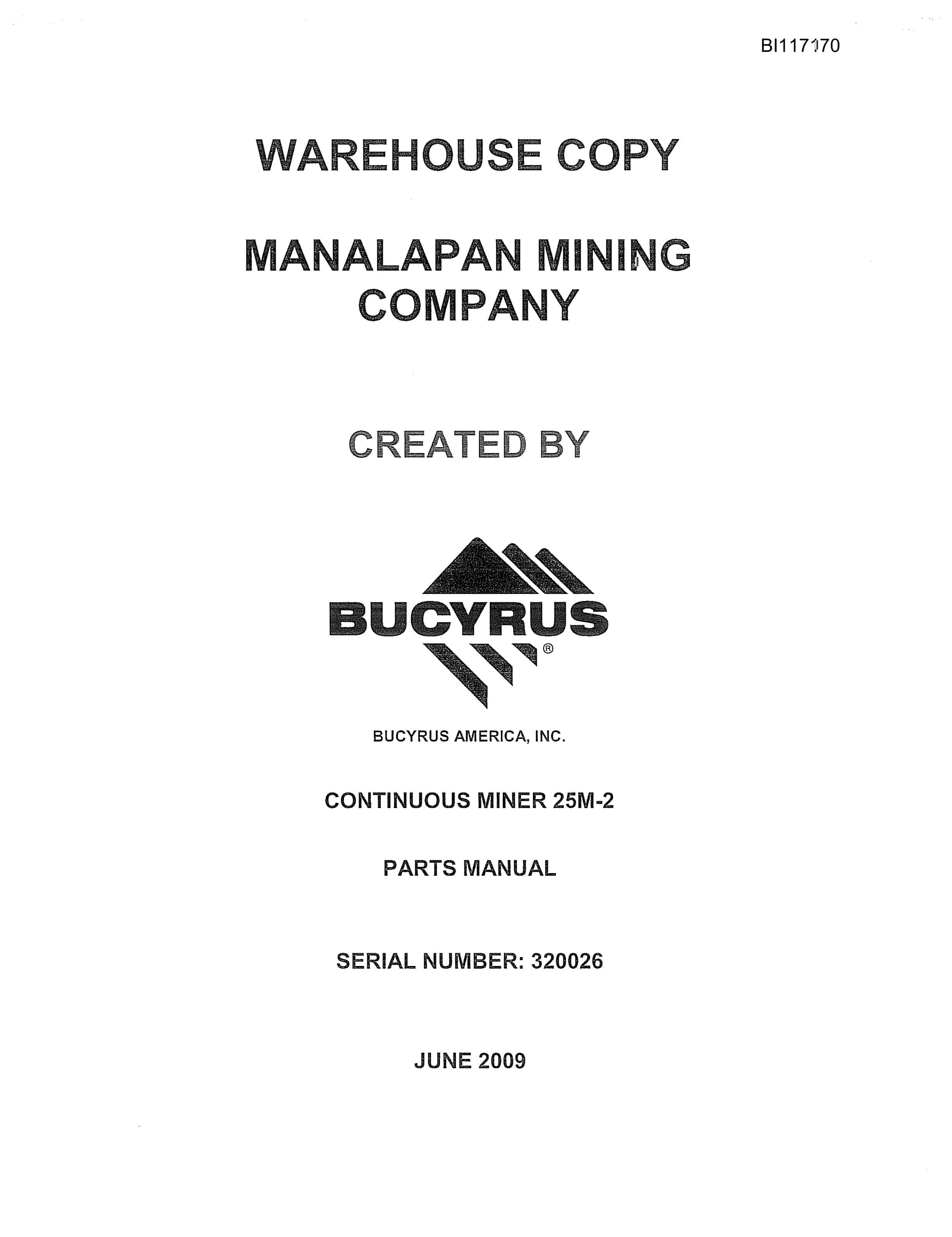Bucyrus 25M2 Continuous Miner Parts Manual BI117170