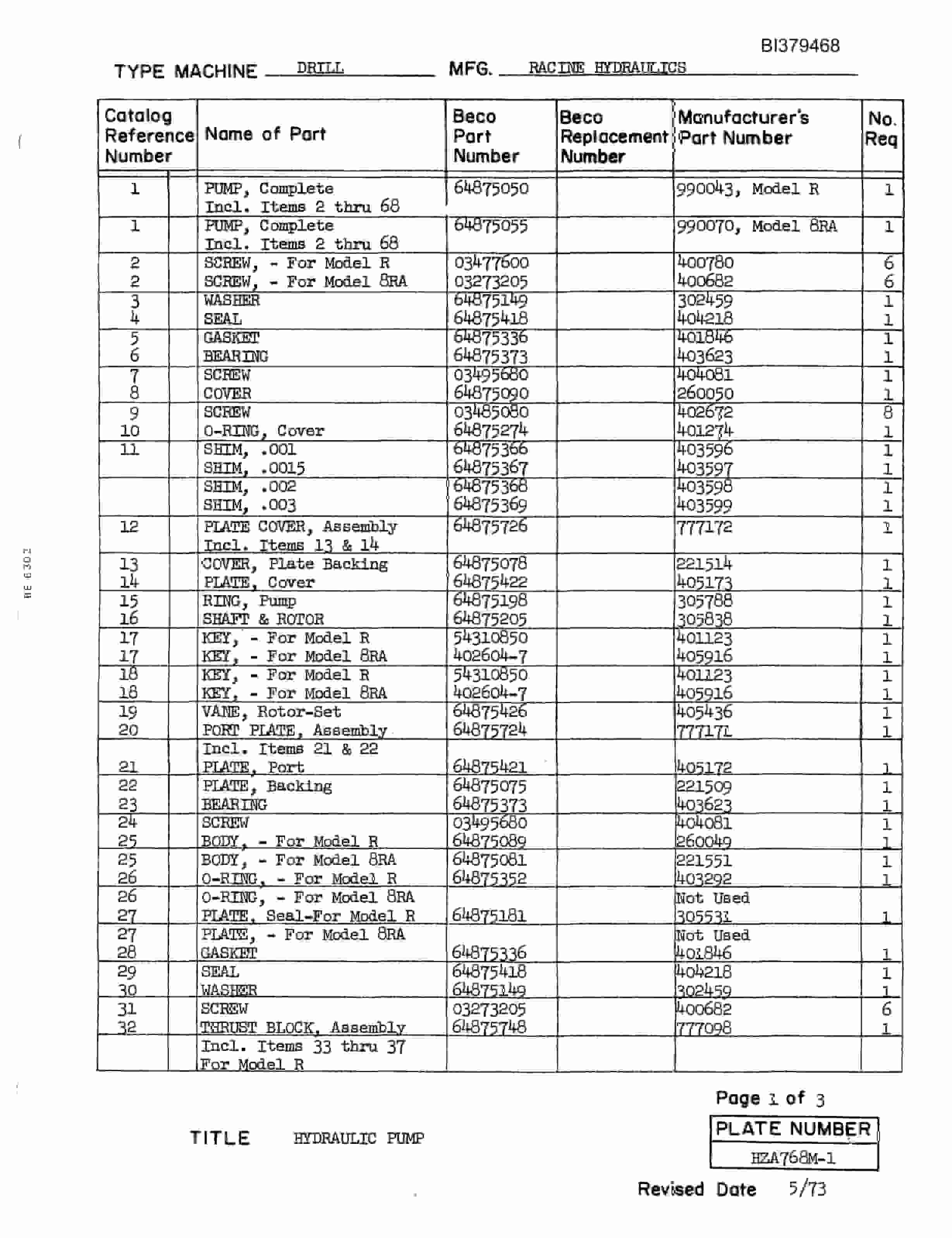 Bucyrus 30-RC Drill Parts Manual BI379468-2