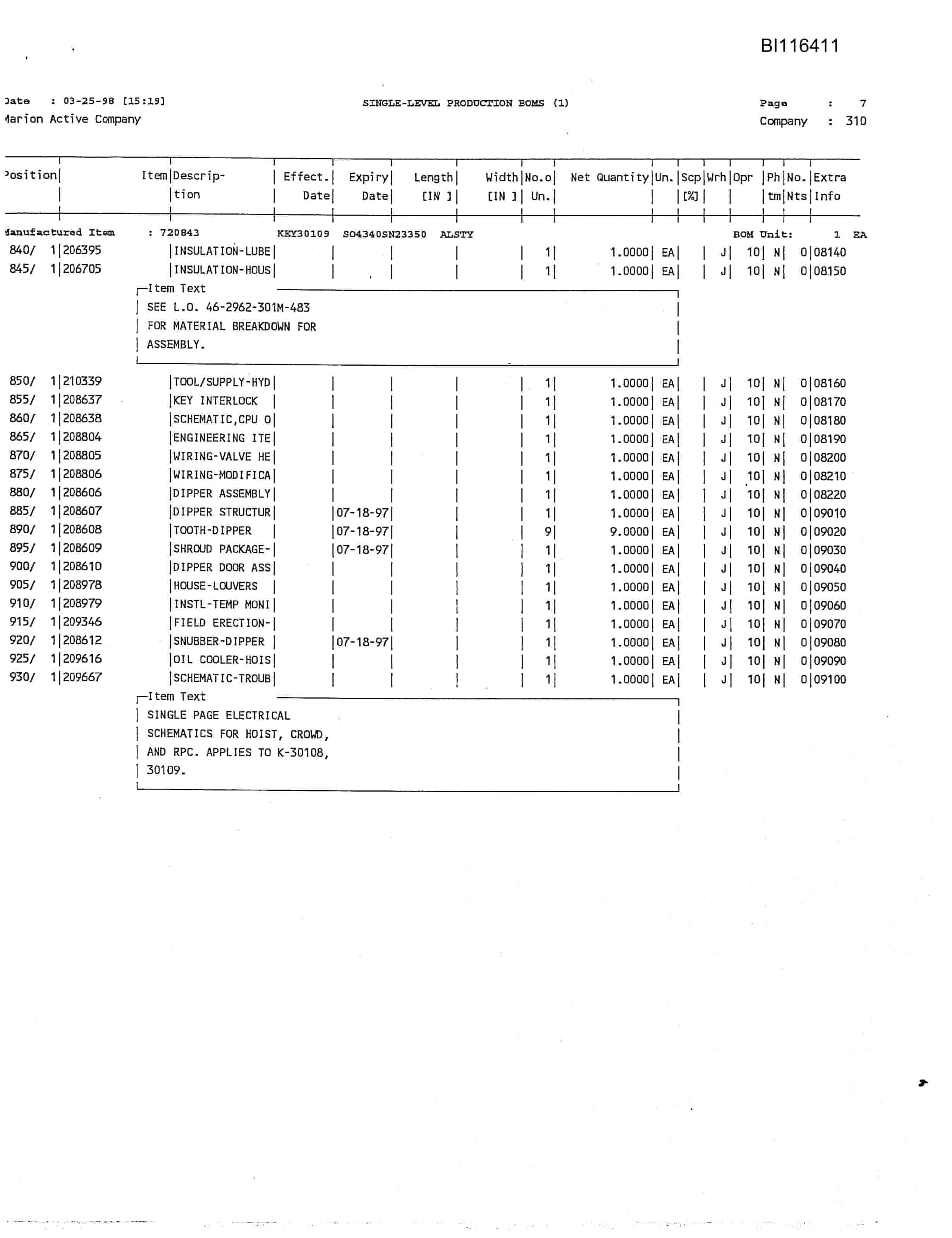 Bucyrus 301M Parts Catalog BI116411-2