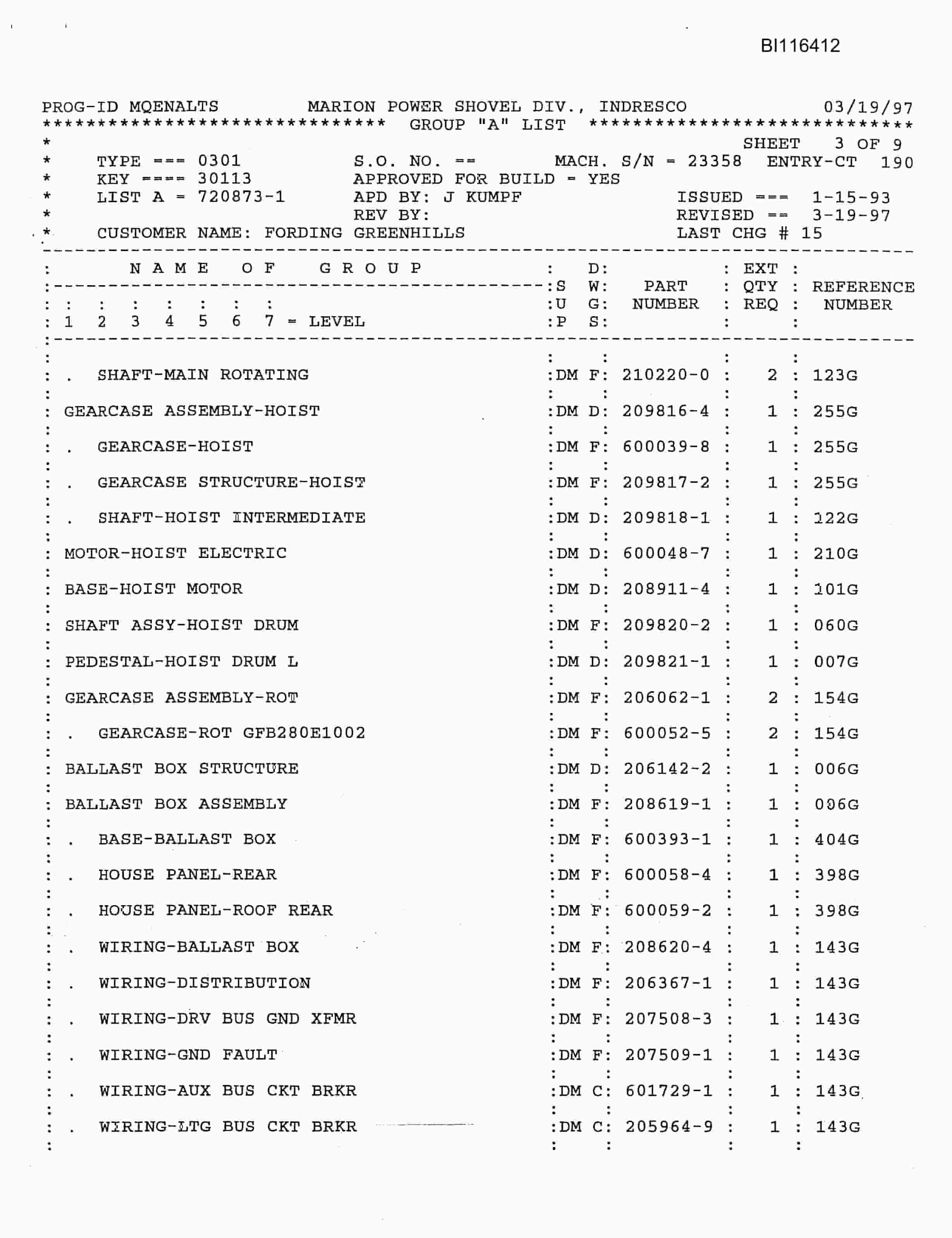 Bucyrus 301M Parts Catalog BI116412-5