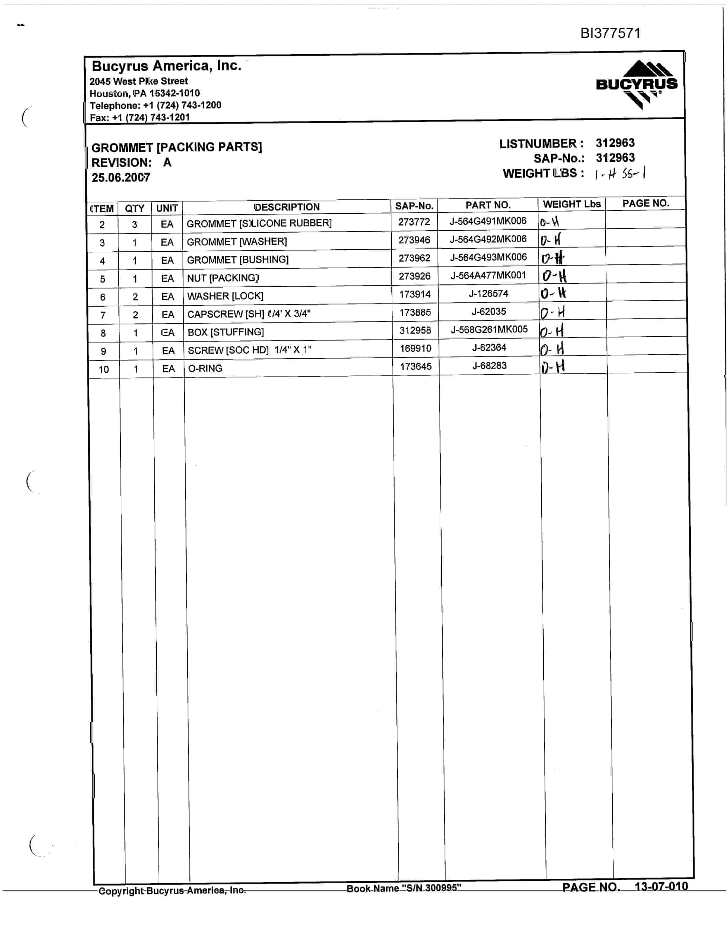 Bucyrus 30M-3 Continuous Miner Parts Catalog BI377571-3