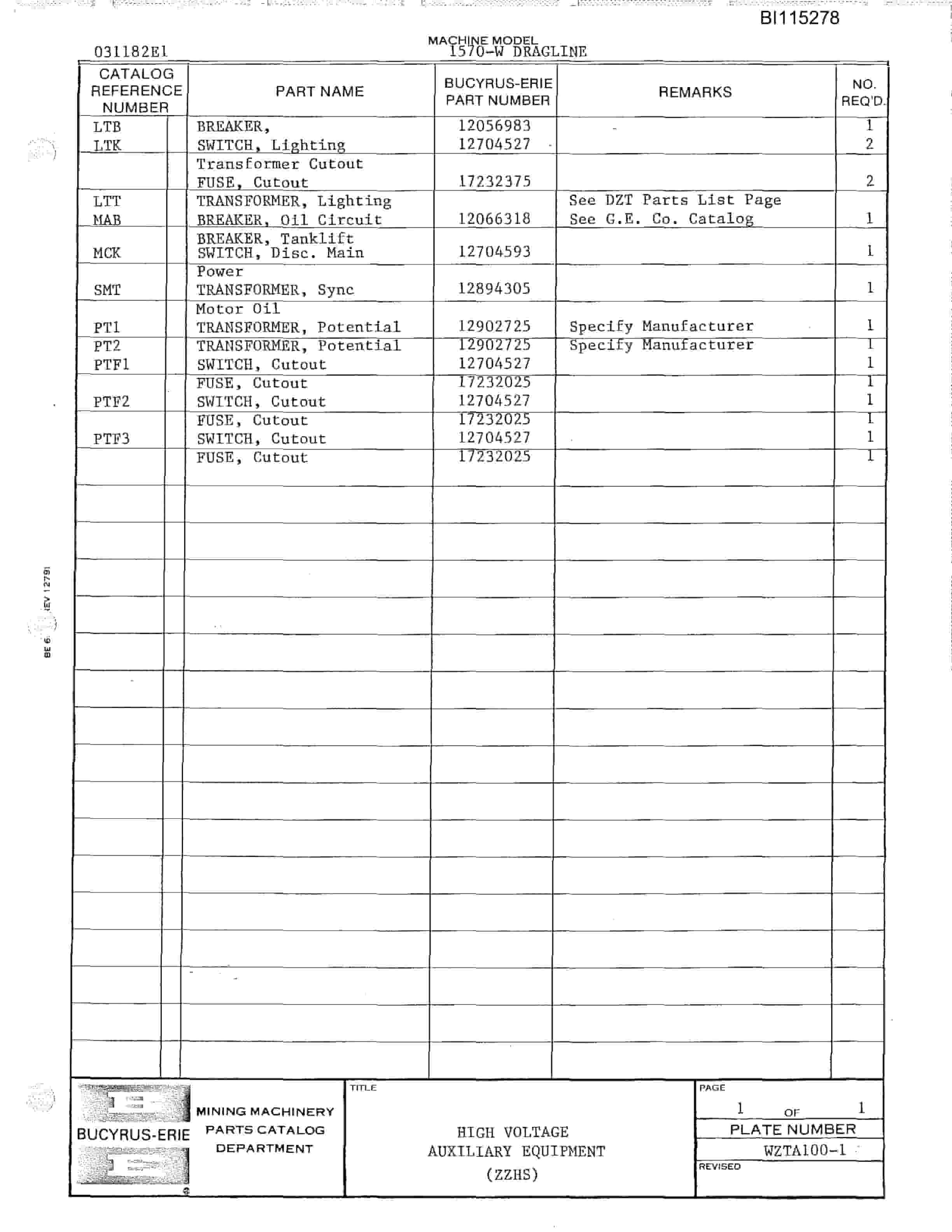 Bucyrus 3270-W Parts Catalog BI115278-2