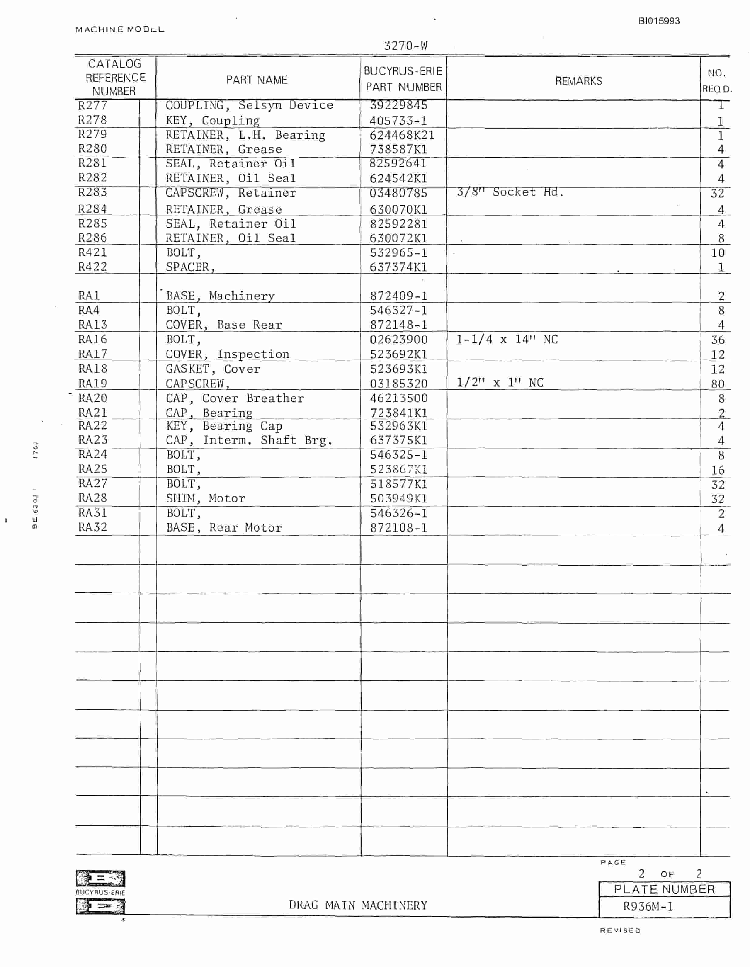 Bucyrus 3270-W Walking Dragline Parts Catalog BI015993-2