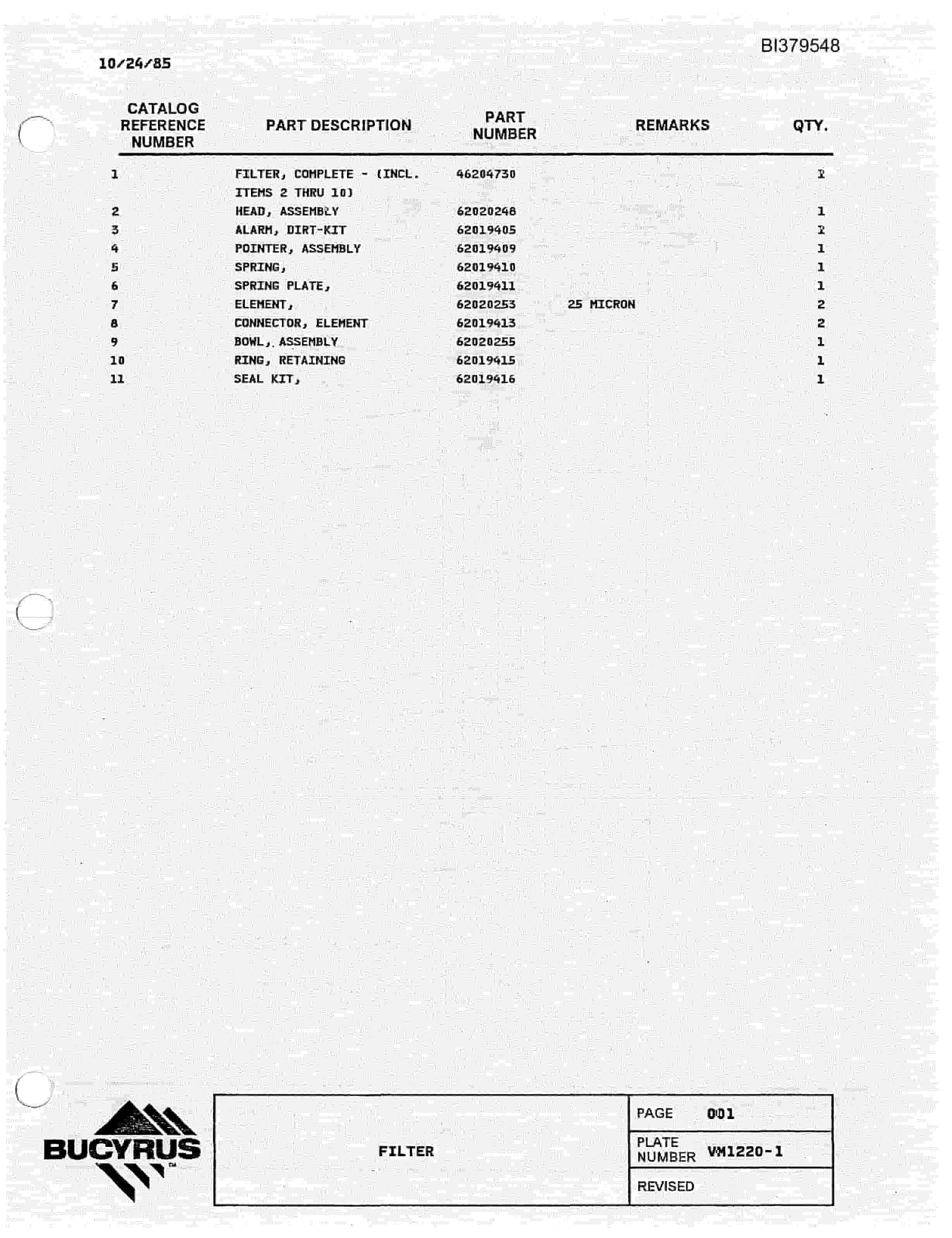 Bucyrus 35R Diesel Hydraulic Blast Hole Drill Parts Manual BI379548-3