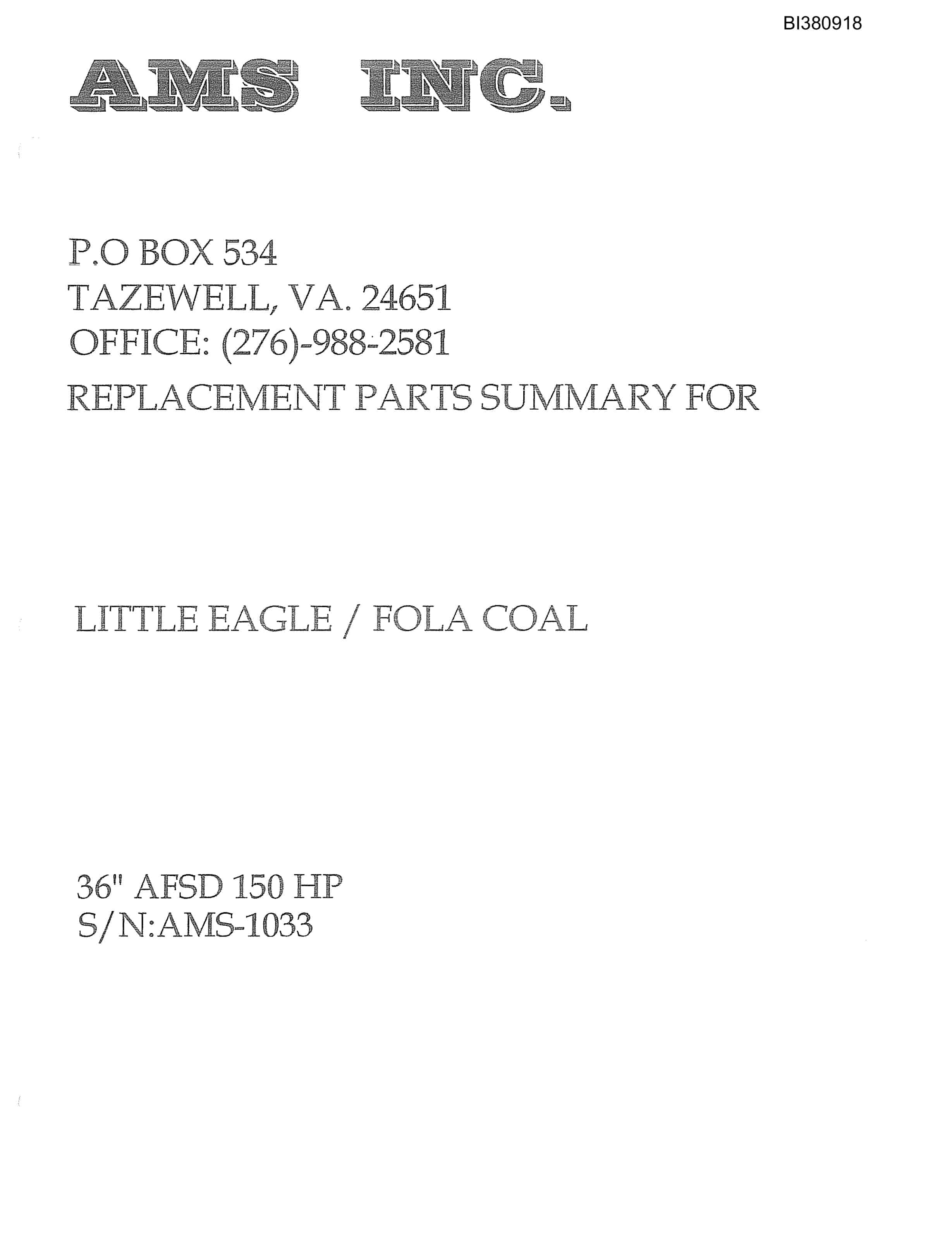 Bucyrus 36in AFSD 150HP, Reconditioned Tail Parts Catalog BI380918-2