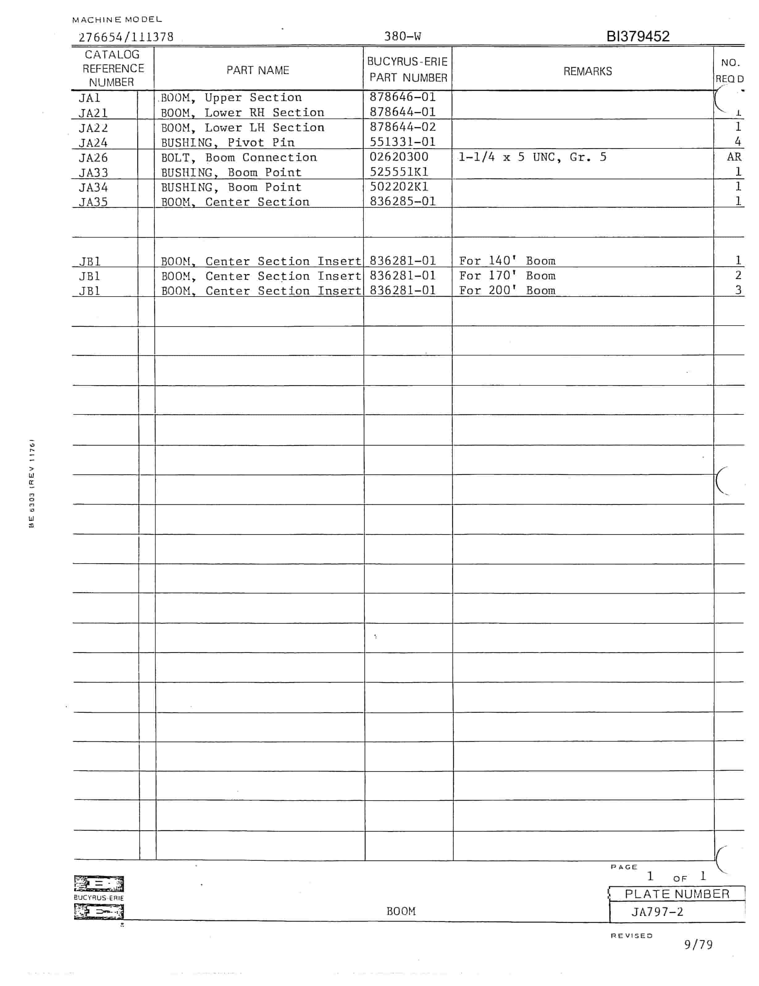 Bucyrus 380-W Drill Parts Catalog BI379452-2