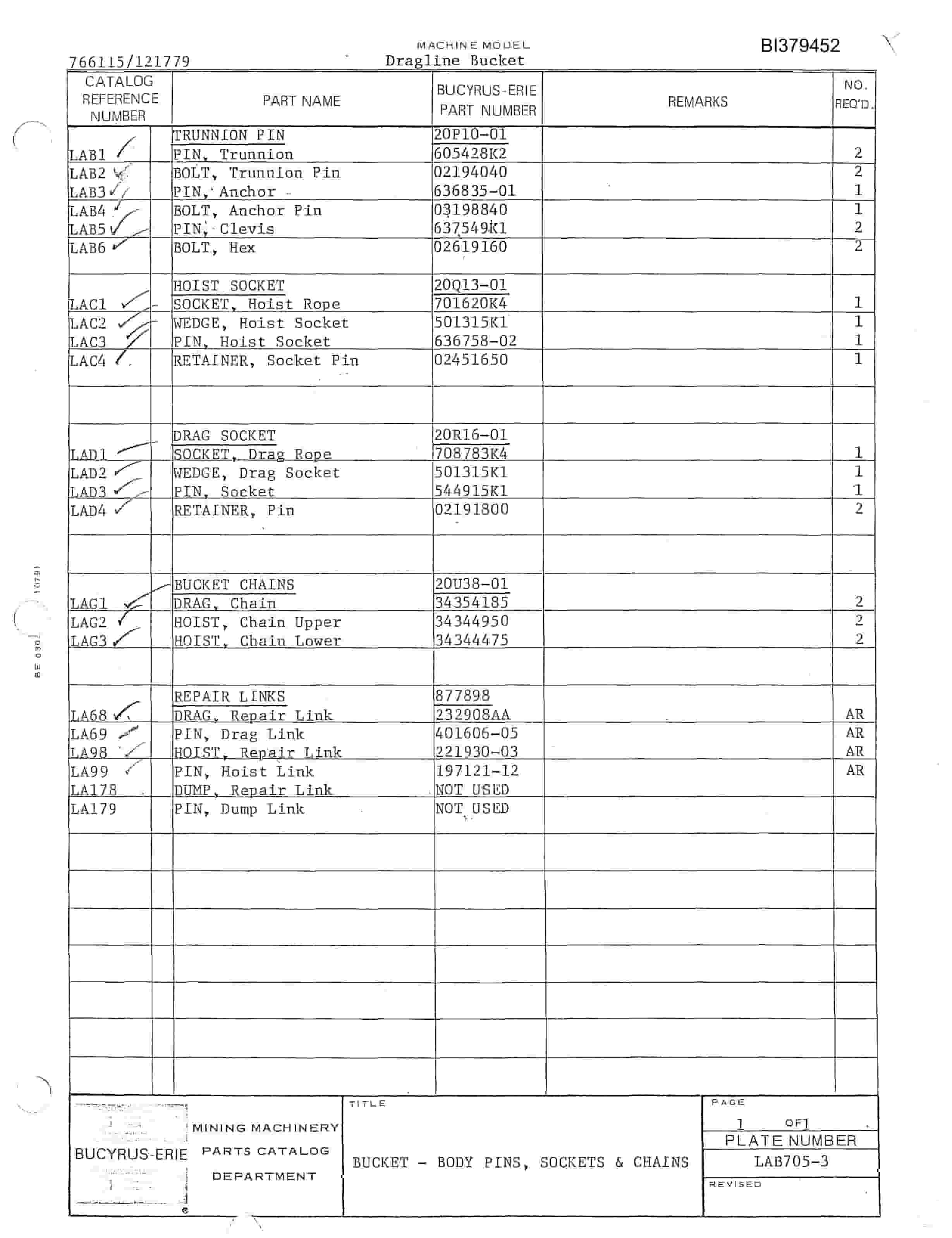Bucyrus 380-W Drill Parts Catalog BI379452-3