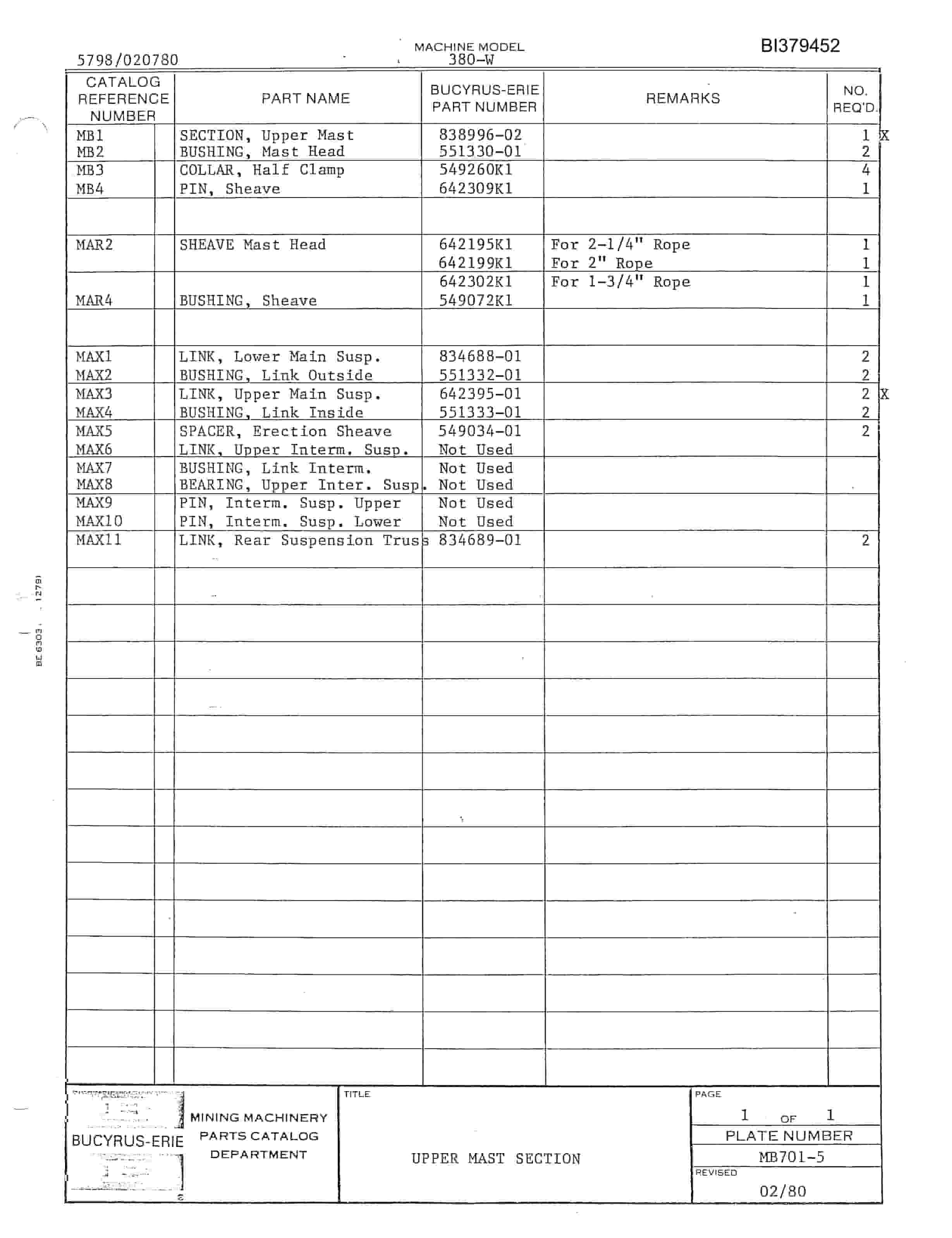 Bucyrus 380-W Drill Parts Catalog BI379452-4