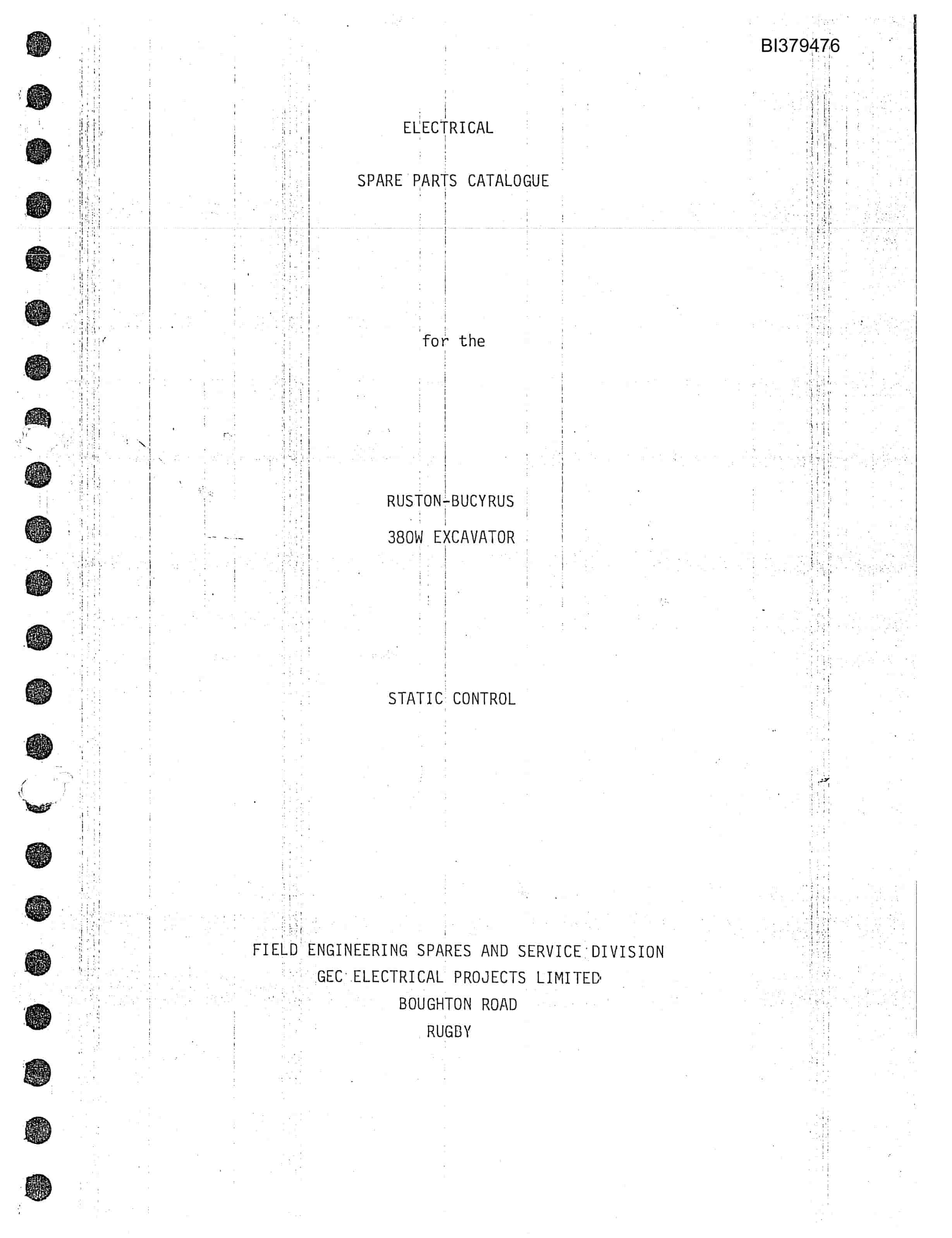 Bucyrus 380-W Excavator Spare Parts Catalog BI379476