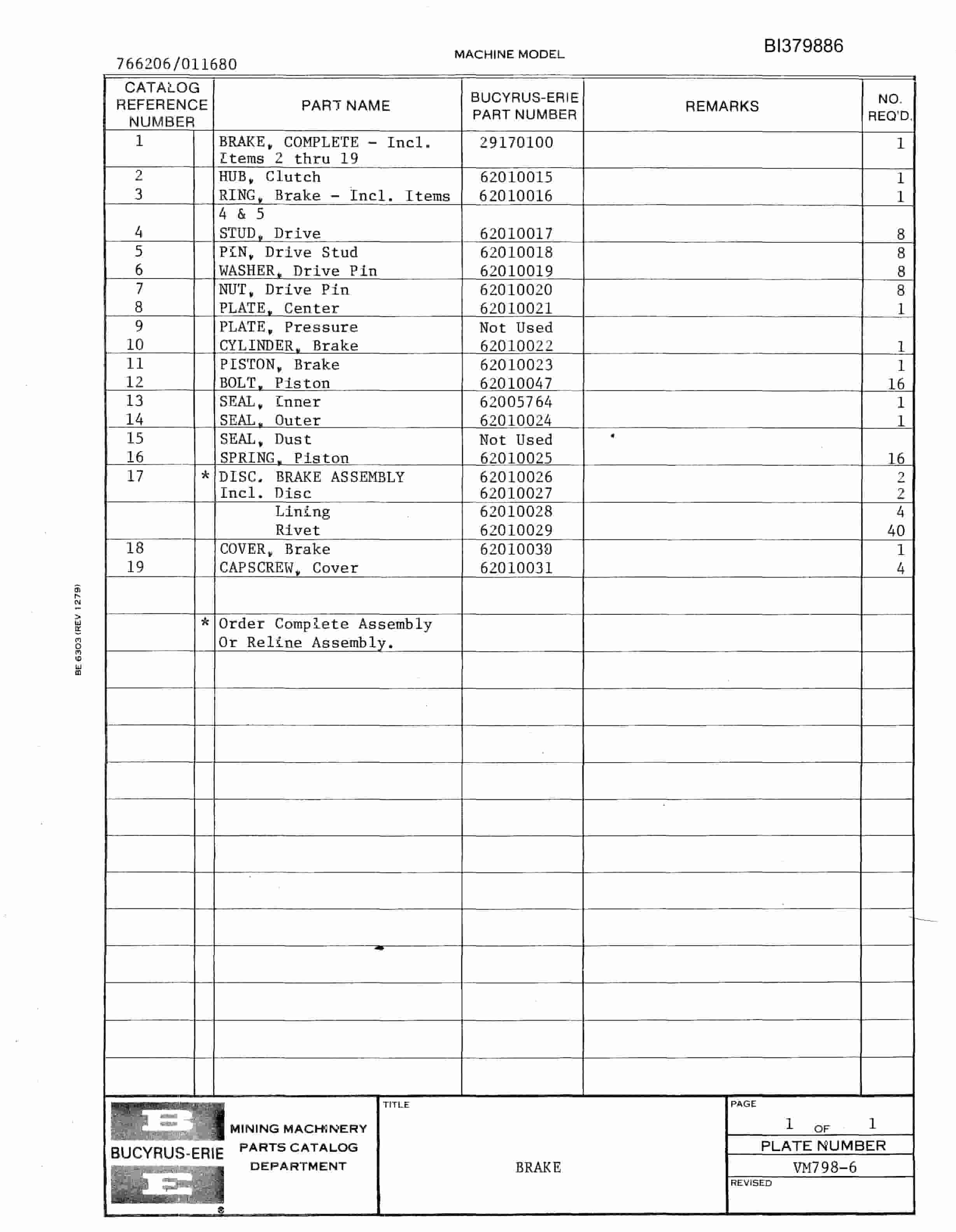 Bucyrus 380-W Master Parts Parts Catalog BI379886-2