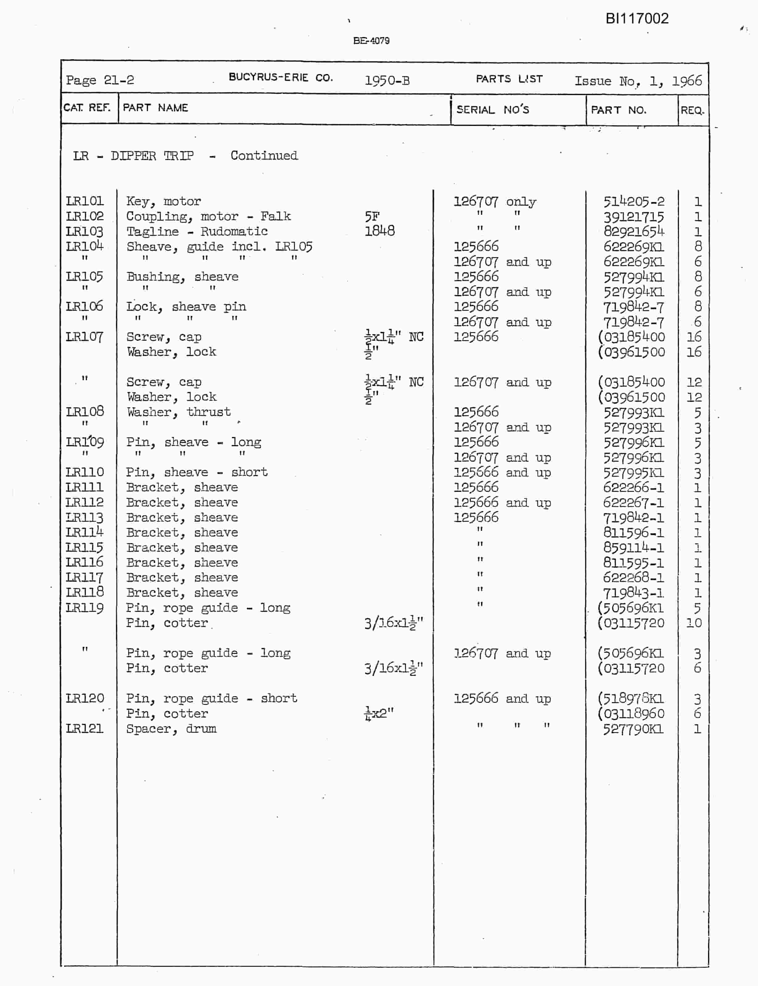 Bucyrus 3850-B Parts Catalog BI117002-4