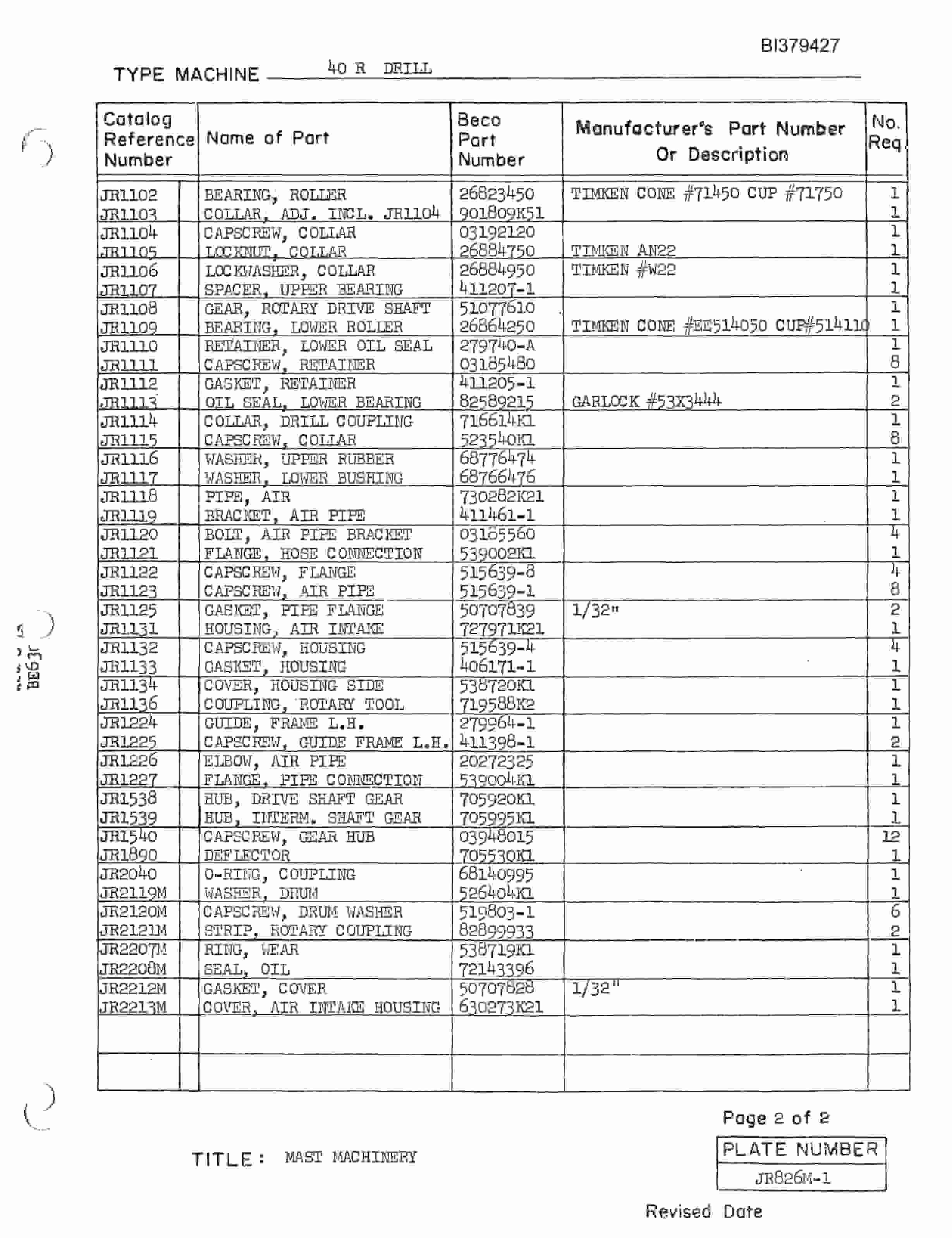 Bucyrus 40-R Drill Parts Catalog BI379427-4