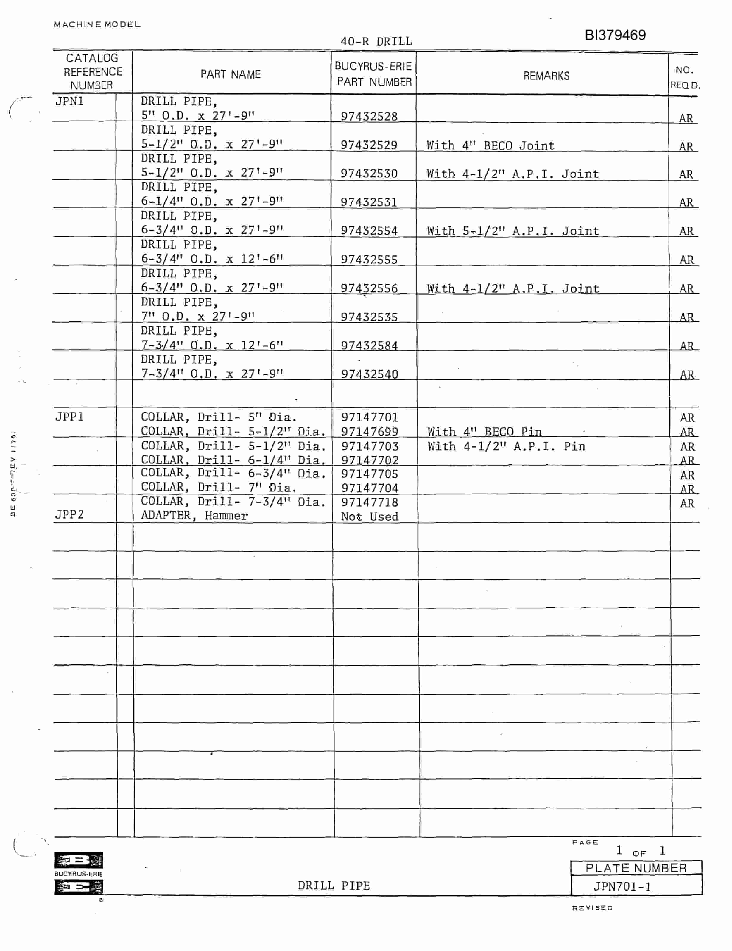 Bucyrus 40-R Drill Parts Manual BI379469-2