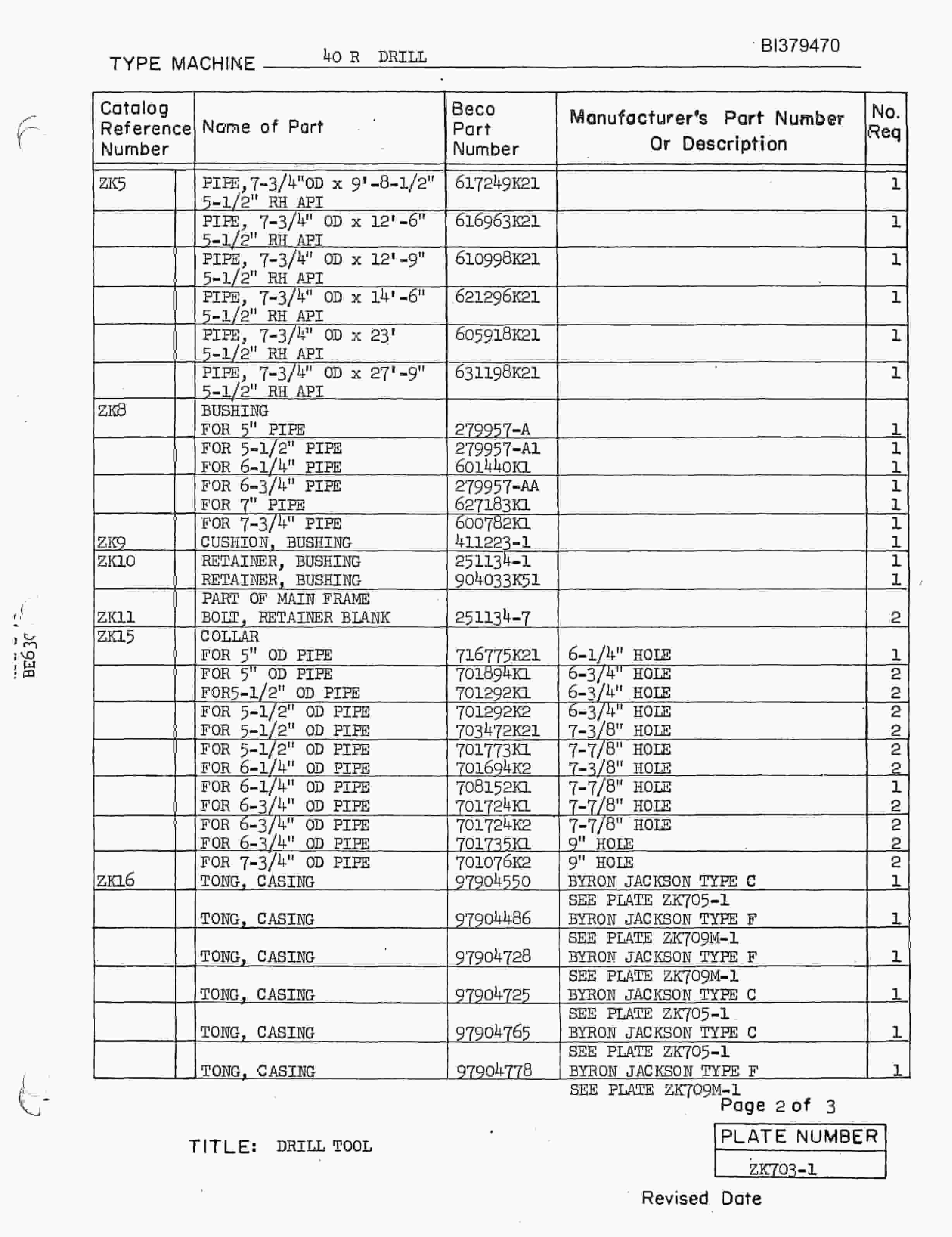 Bucyrus 40-R Drill Parts Manual BI379470-3
