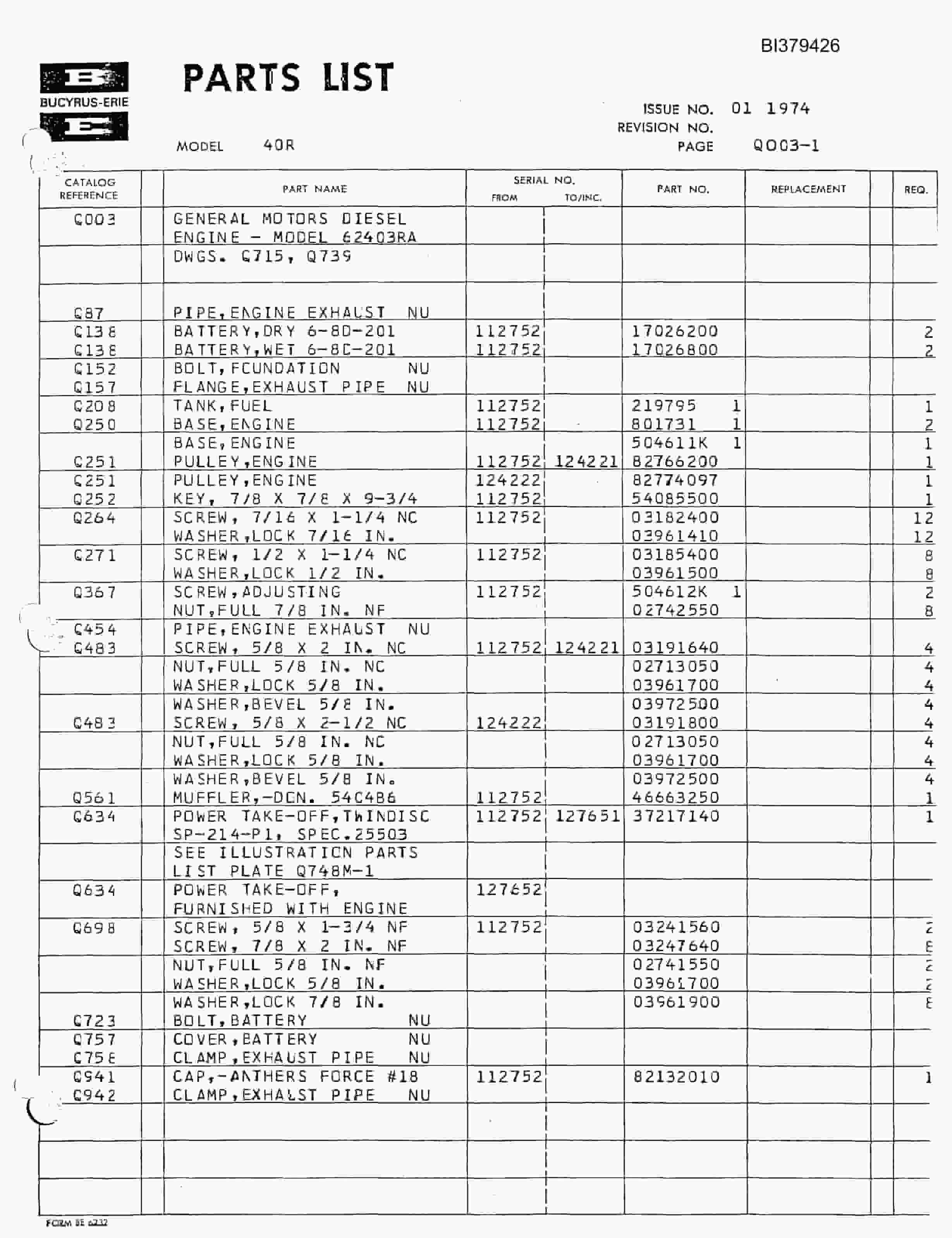 Bucyrus 40-R Rotary Drill Parts Catalog BI379426-2